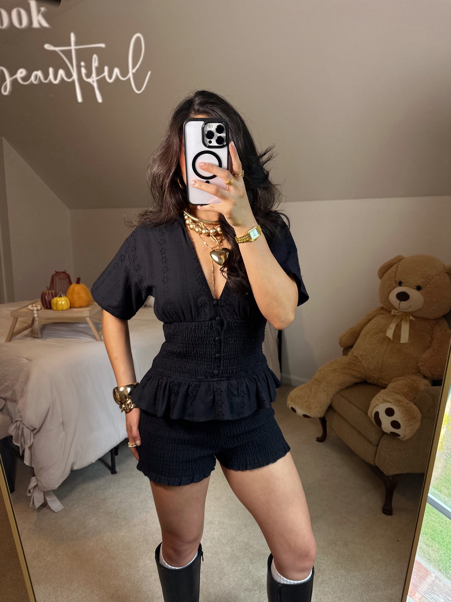 Black Ditsy Floral Smocked Romper