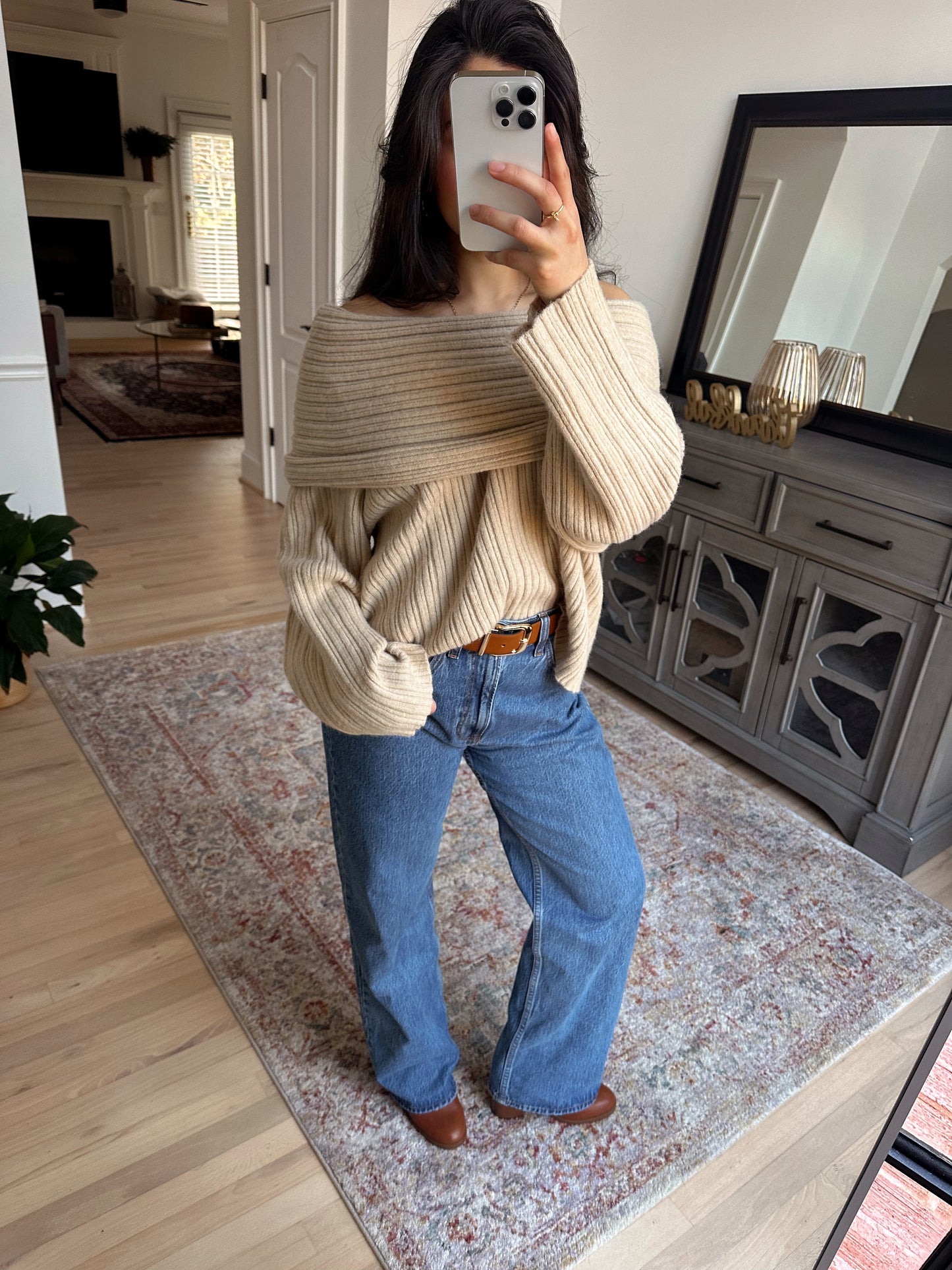 Tan Chunky Off-Shoulder Sweater