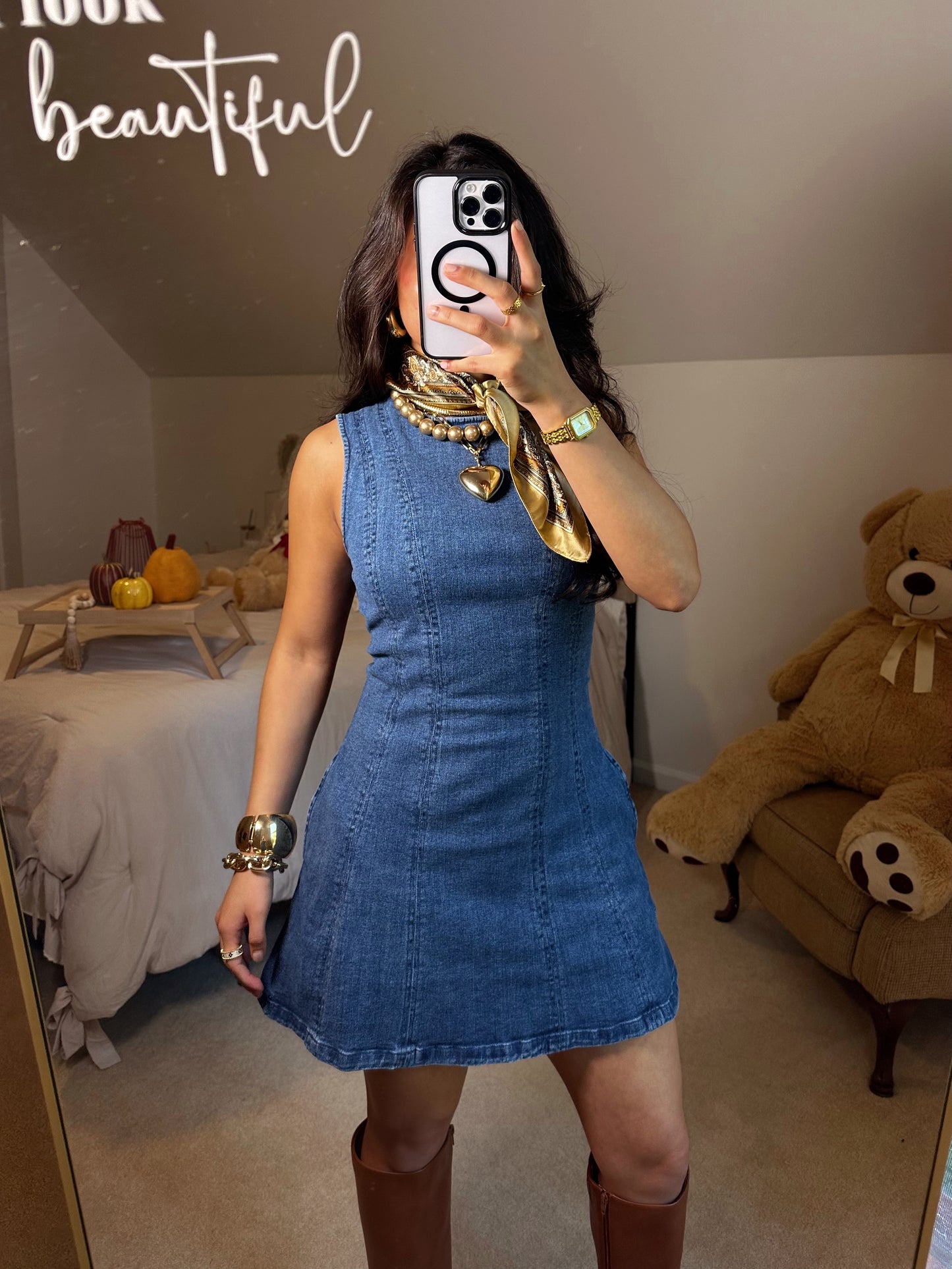 Denim Fit & Flare Stretch Mini Dress