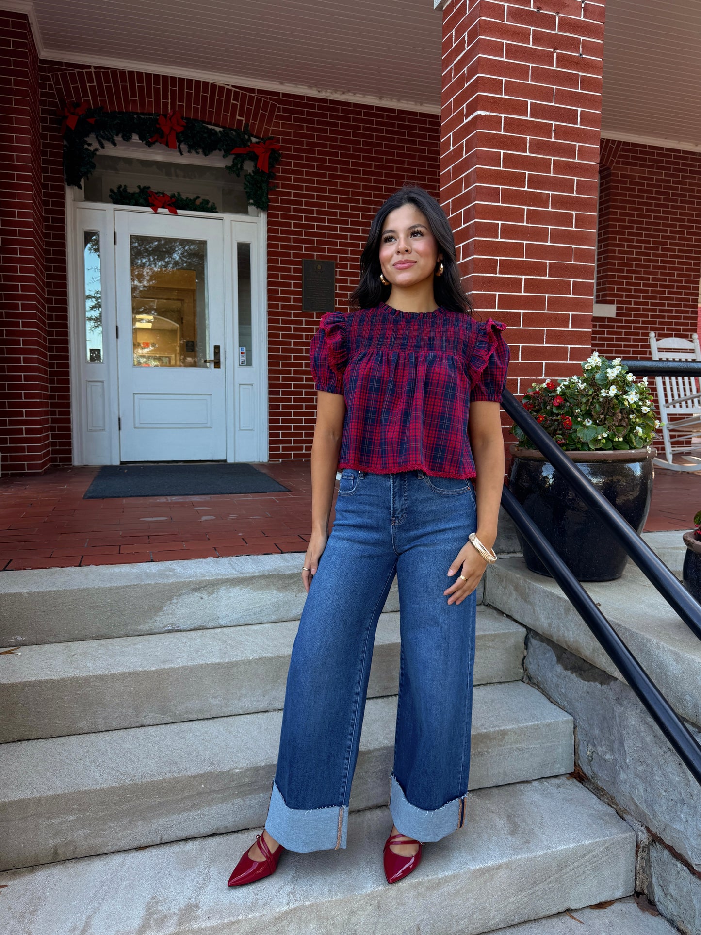 Dark Denim Wide Leg Cuffed Jeans