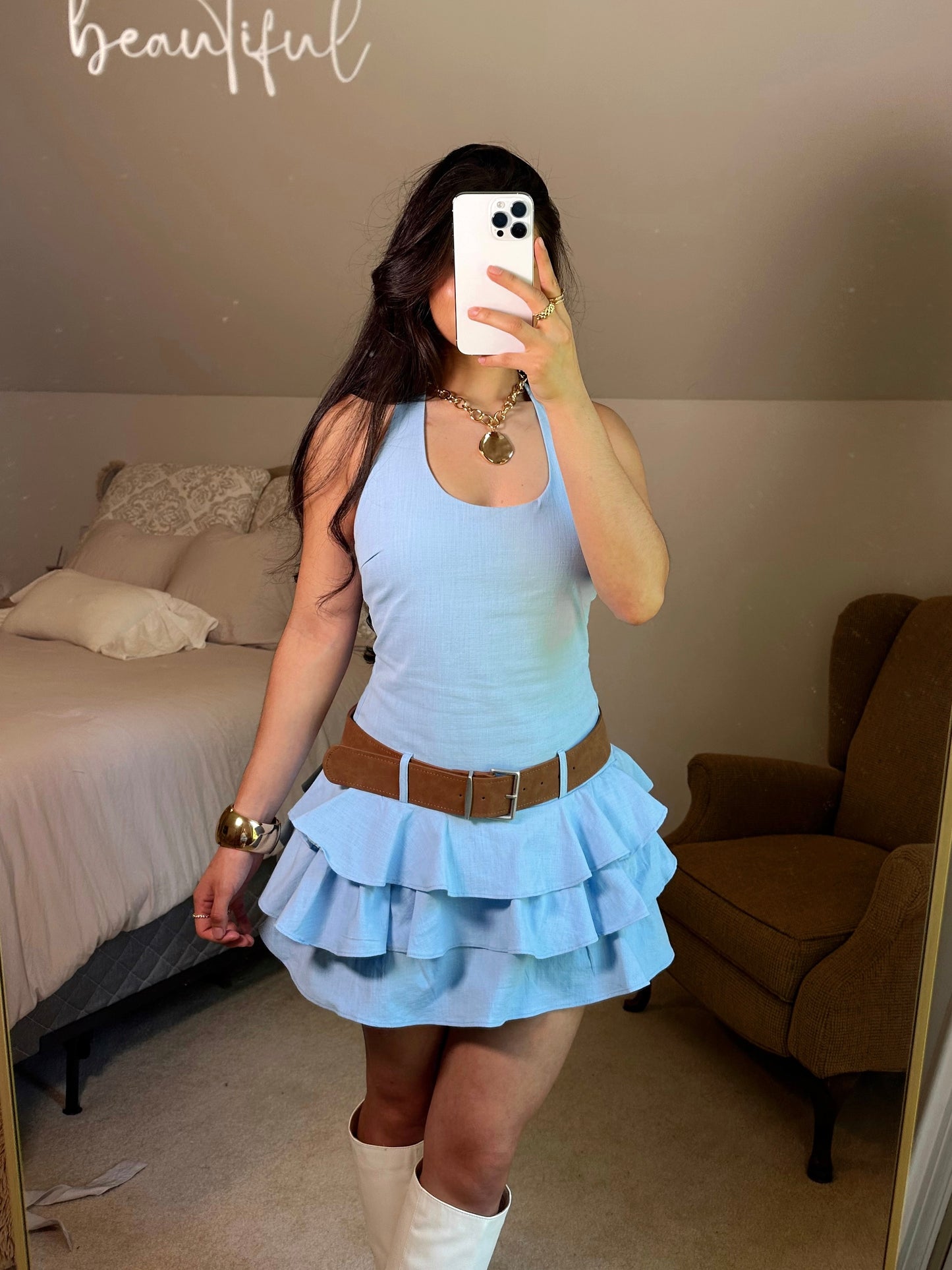 Baby Blue Ruffle Belted Halter Romper