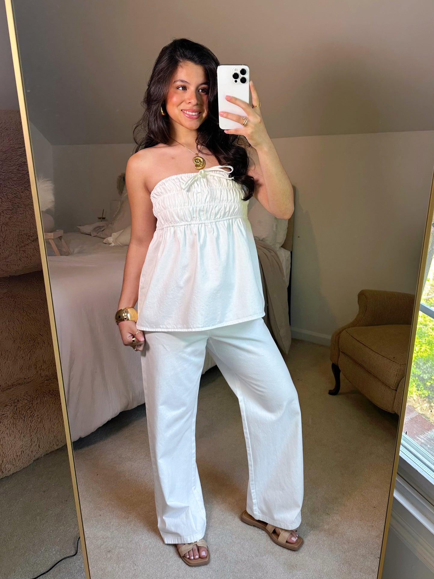 Ruched Top & Pant White Denim Set