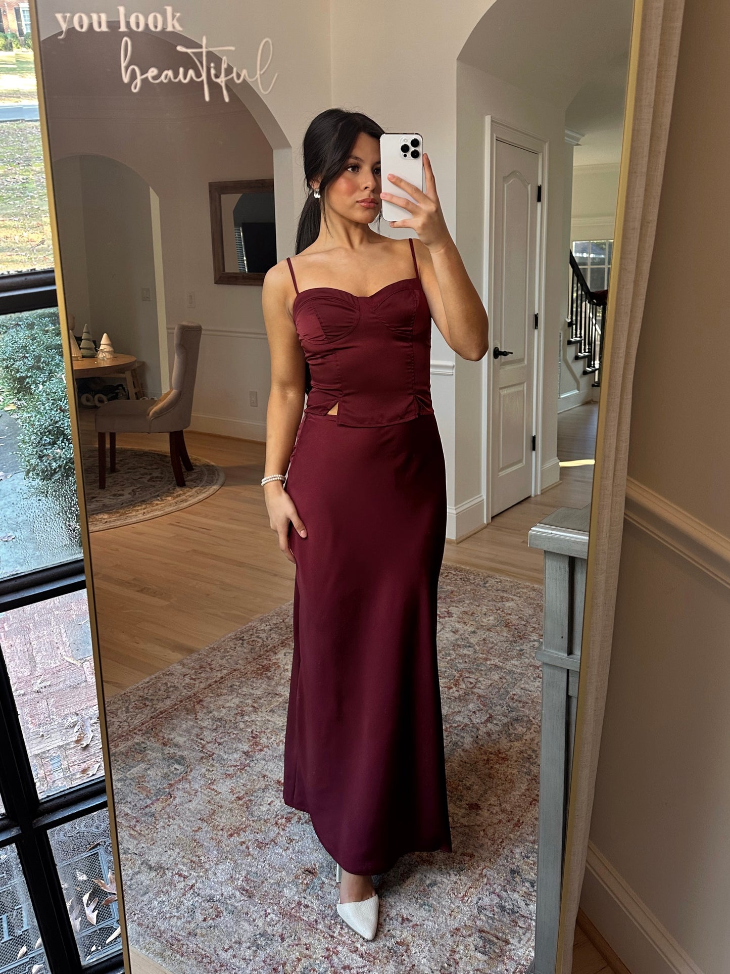 Burgundy Satin Top & Skirt Set