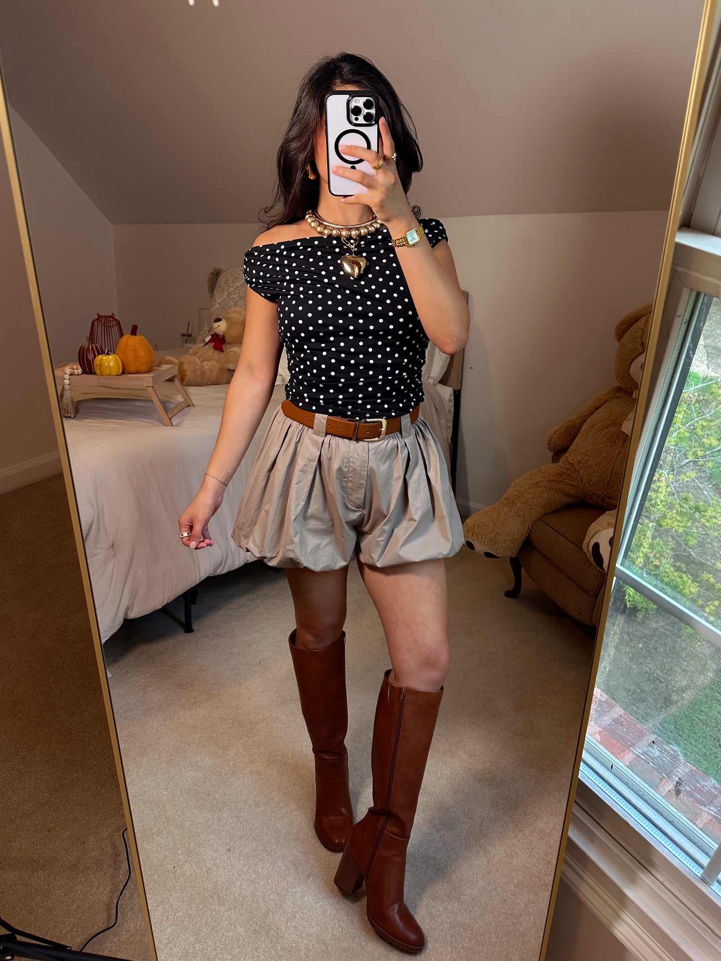 Black White Polka Dot Off-Shoulder Top
