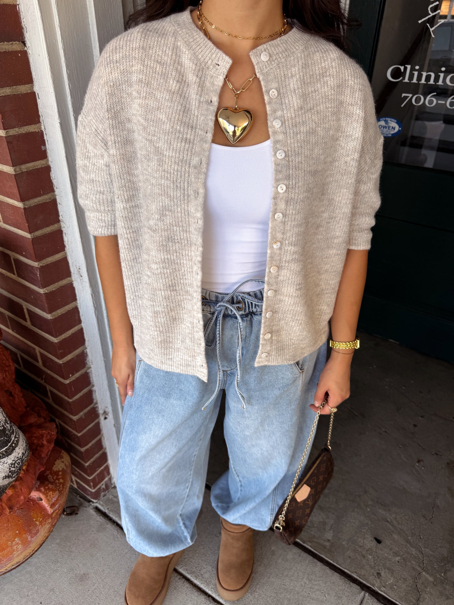 Oatmeal Button Up Short Sleeve Cardigan
