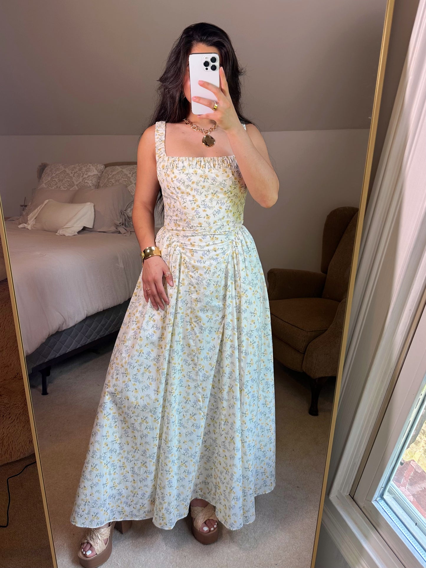 Yellow Ditsy Floral Midi Dress