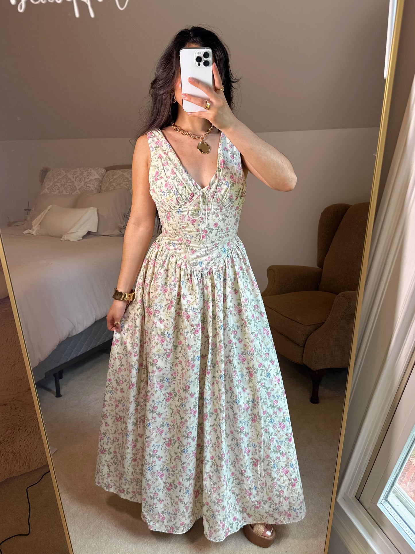 Floral V-Neck Corset Waist Maxi Dress