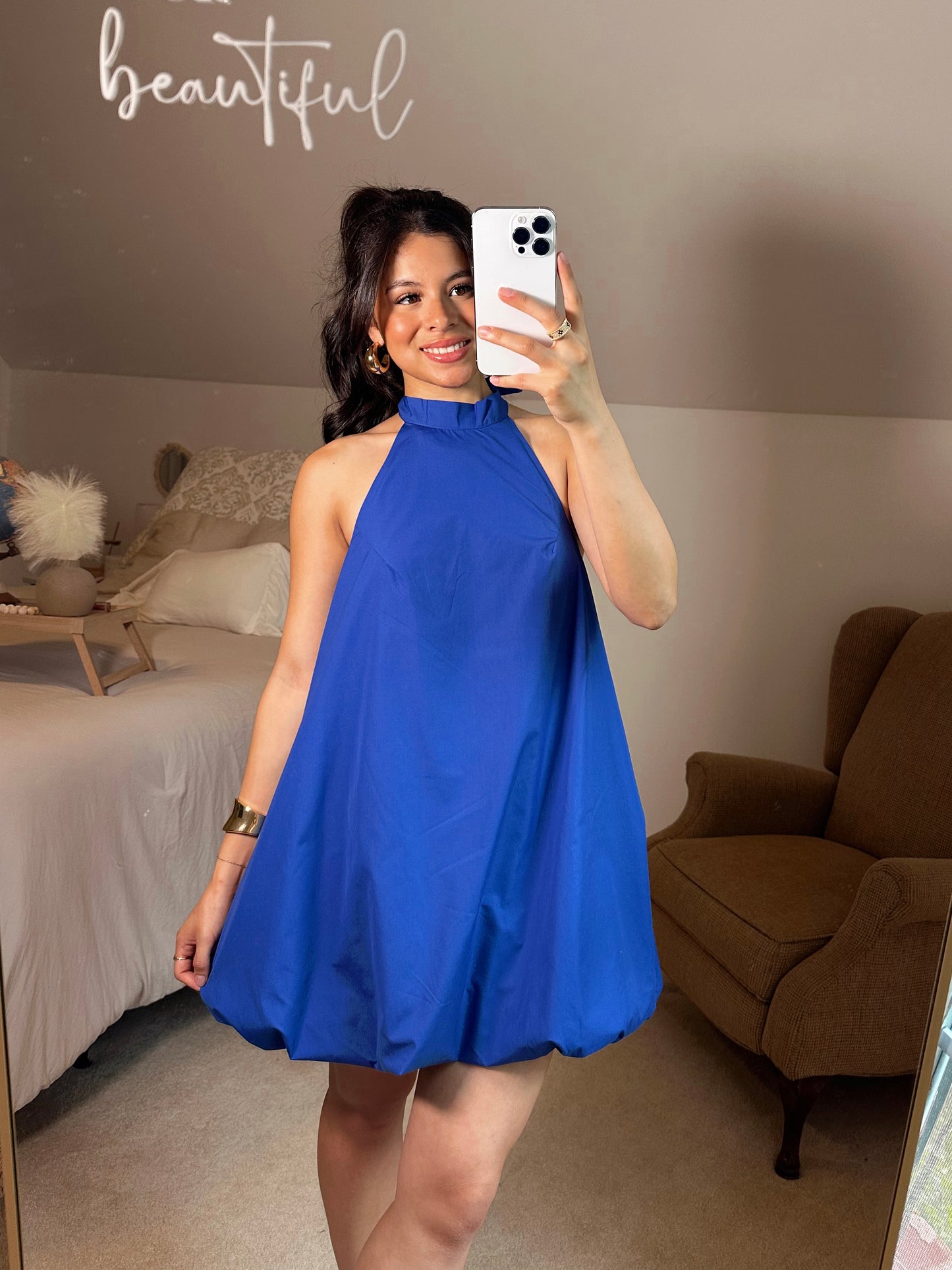 Blue Halter Neck Open Back Bubble Dress