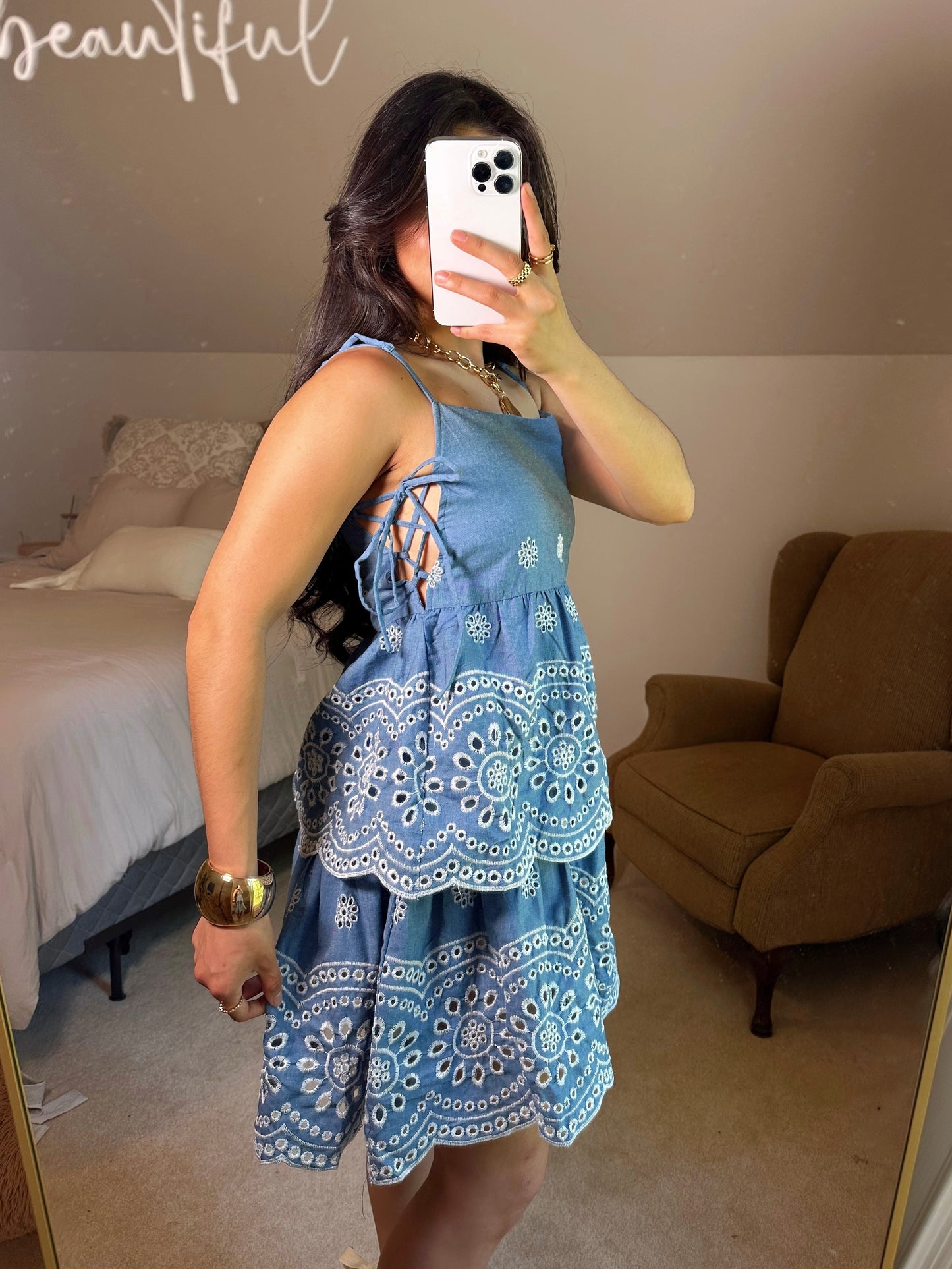 Blue Floral Embroidery Dress