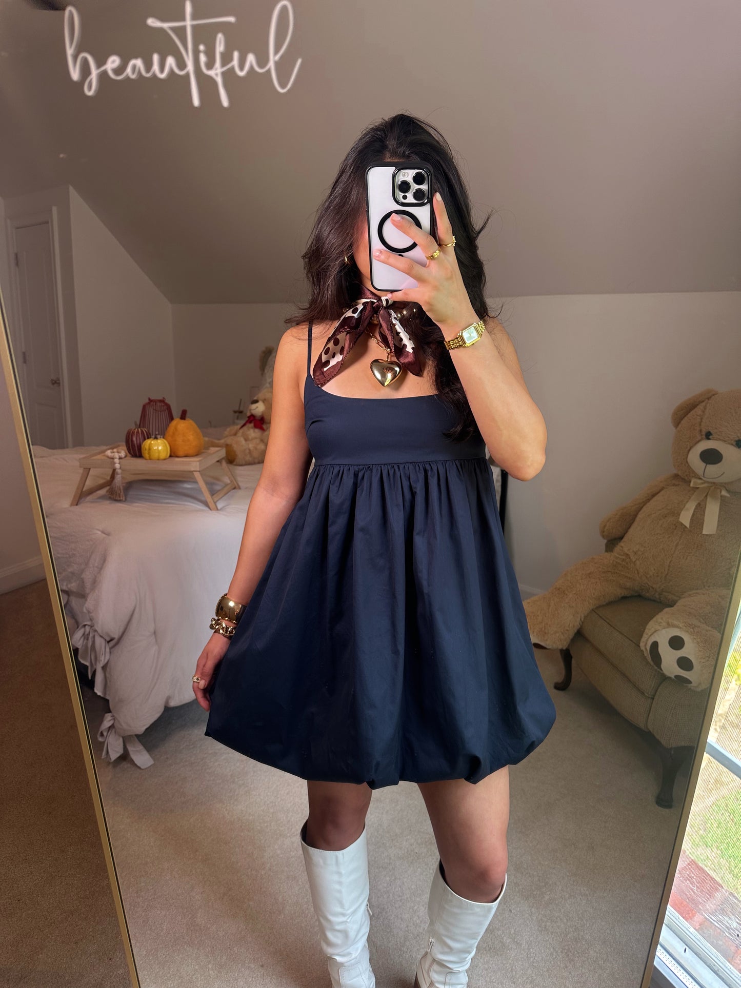 Navy Poplin Bubble Hem Dress