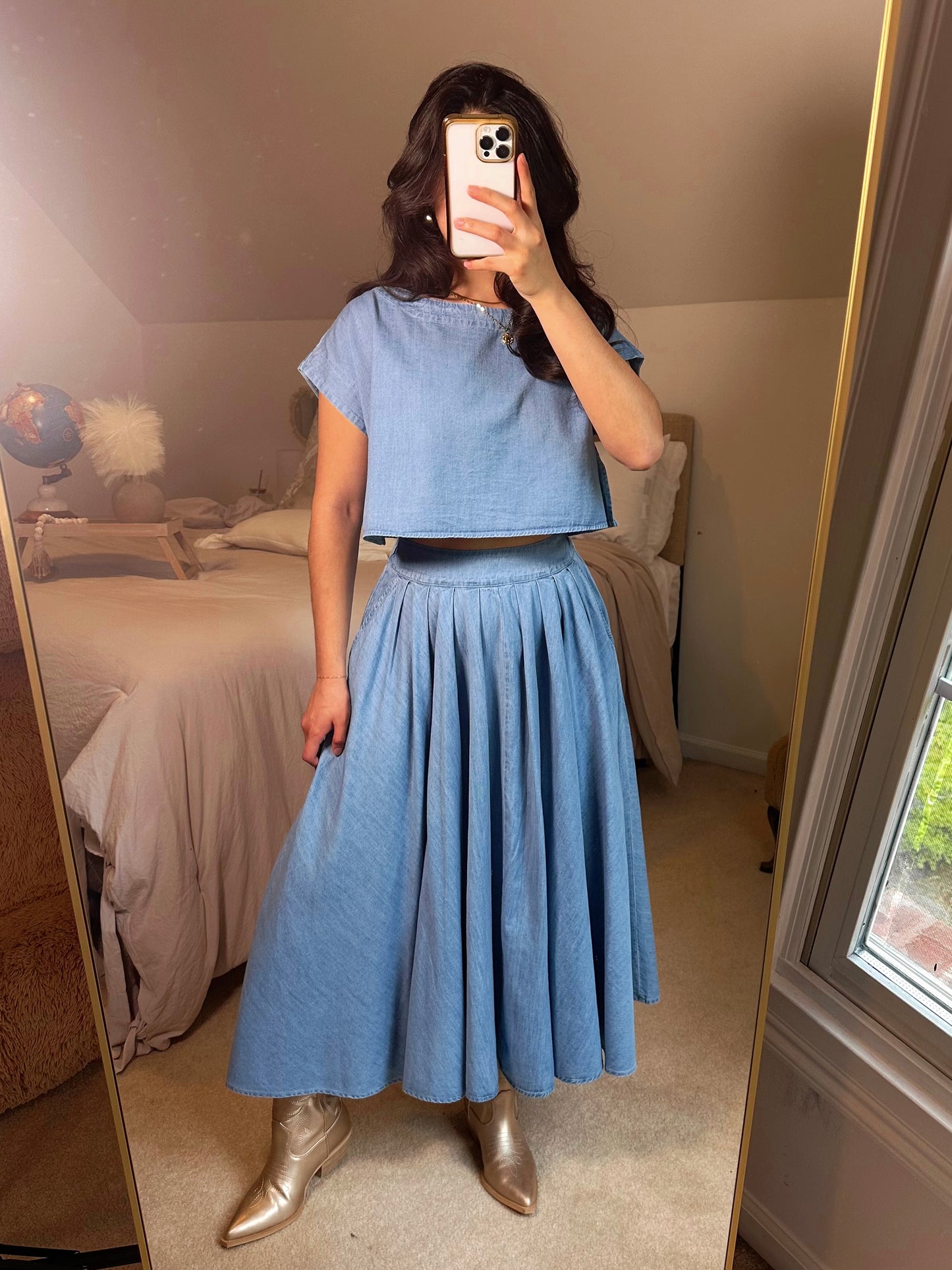 Denim Top and Poplin Pleated Skirt Set