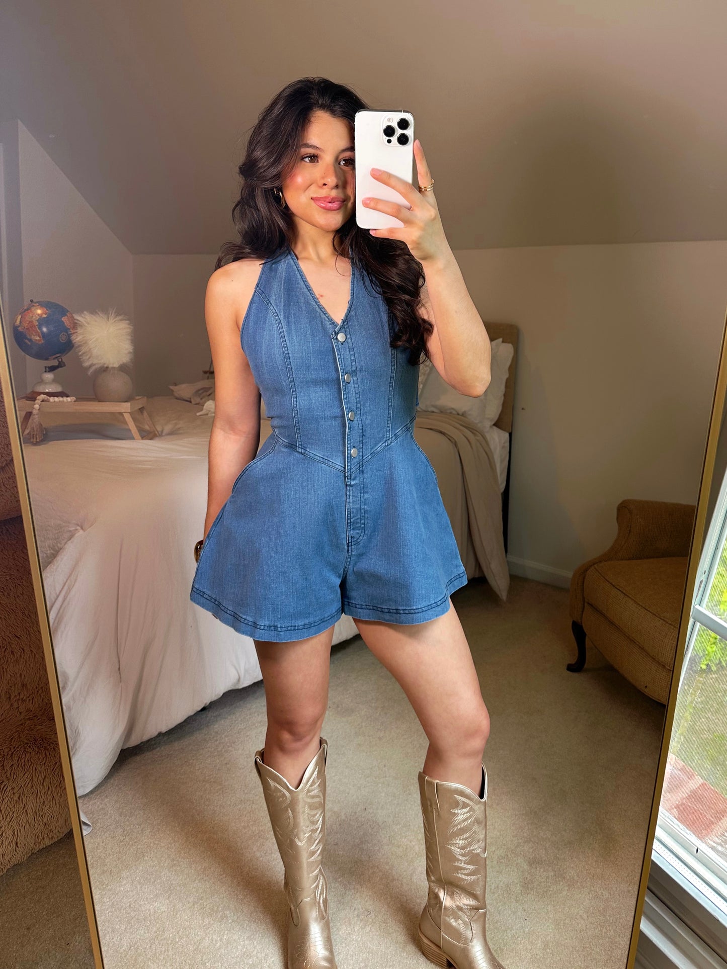 Girly Halter Open Back Denim Romper