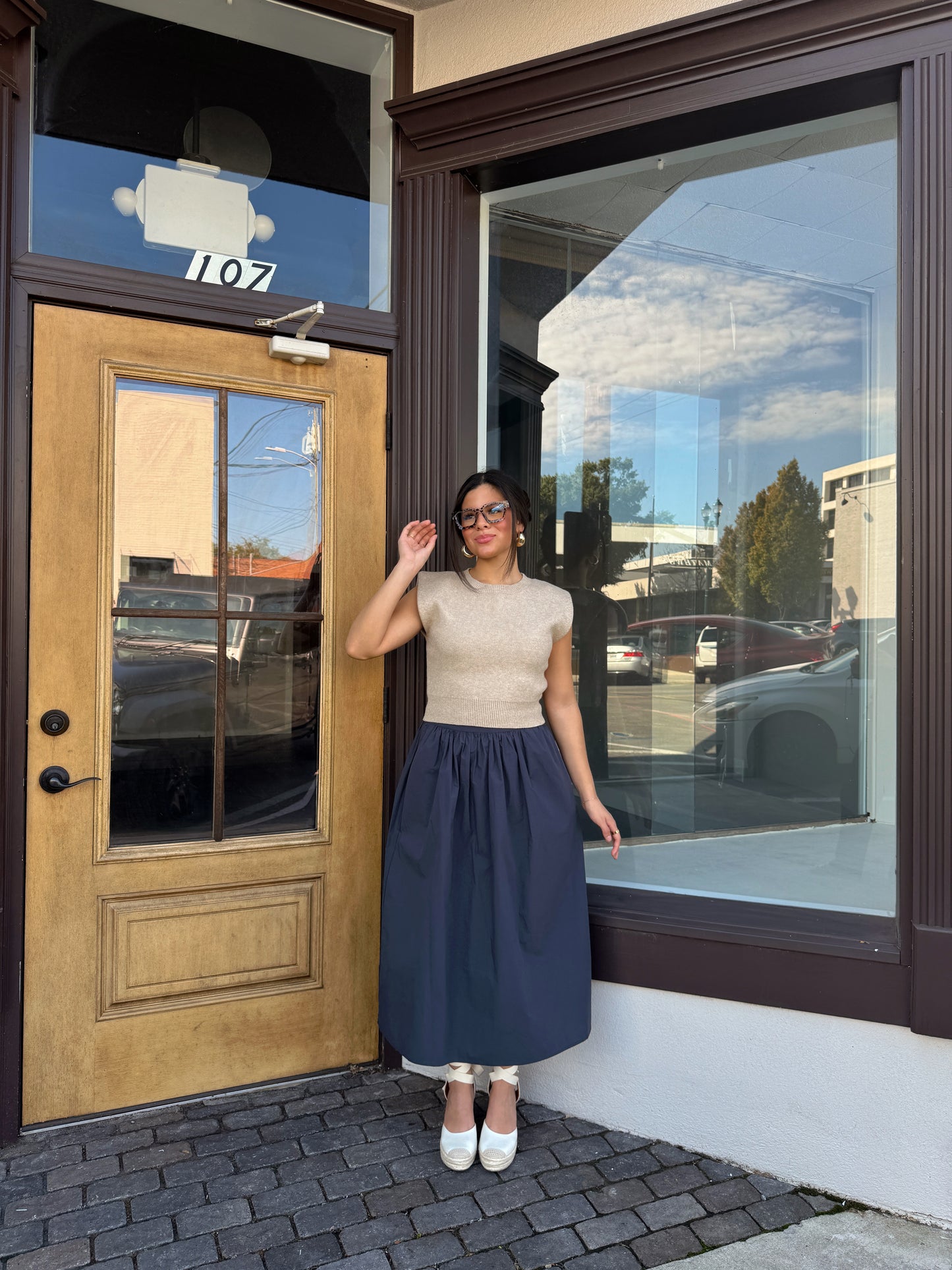 Navy Poplin Midi Skirt