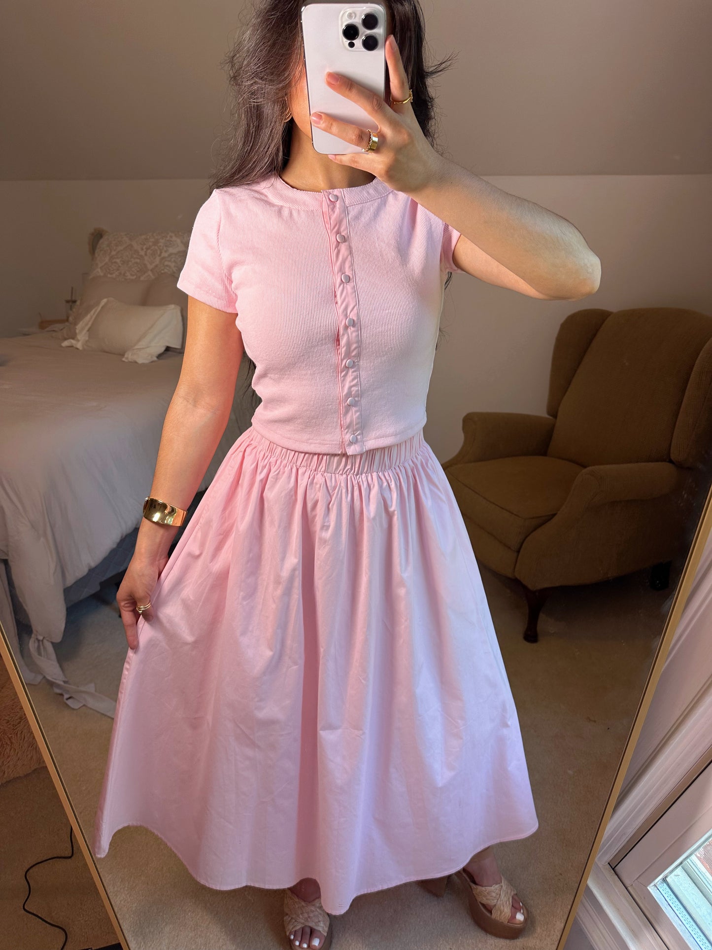 Baby Pink Button Top & Skirt Set
