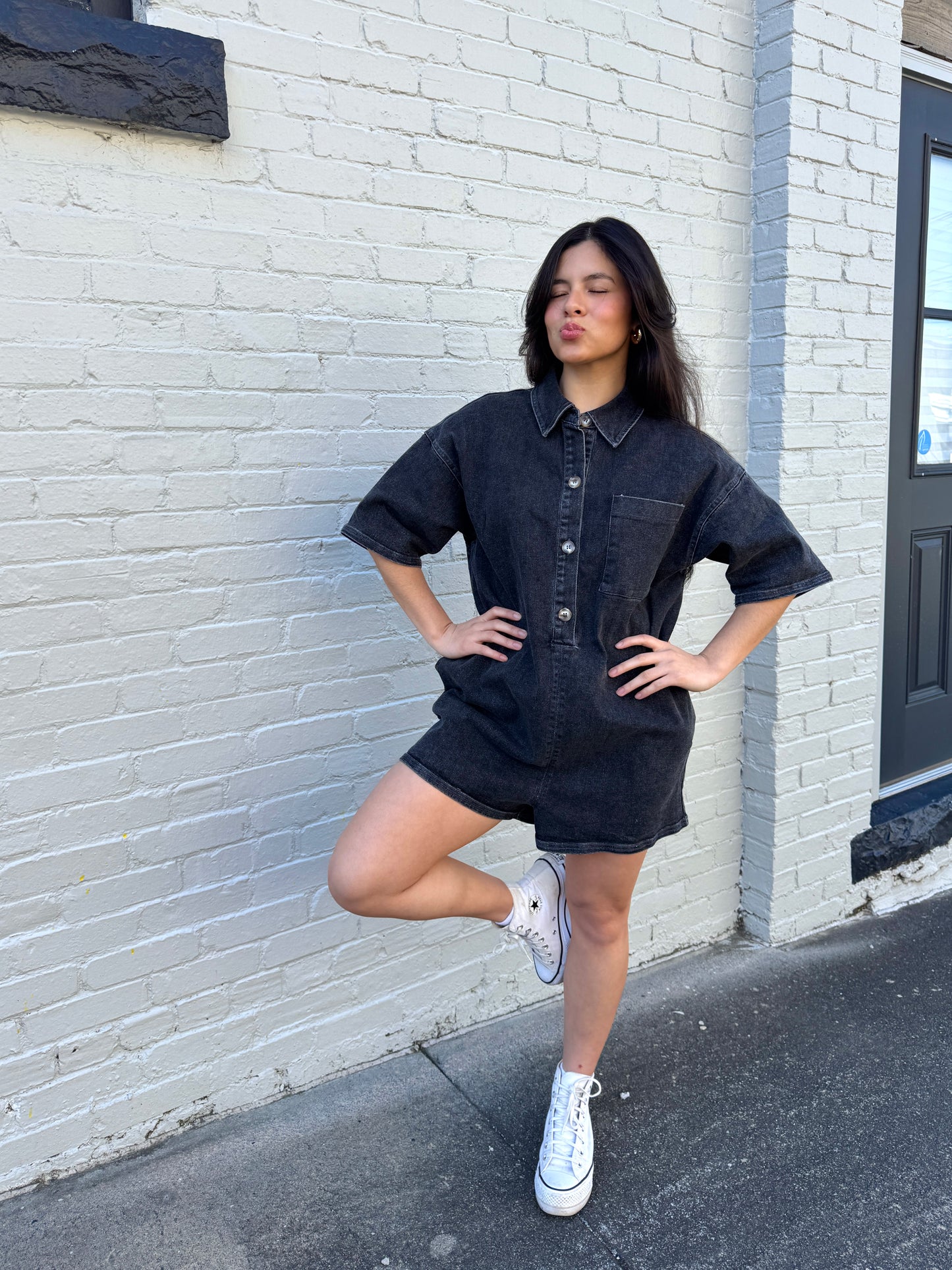 Classic Washed Black Denim Romper