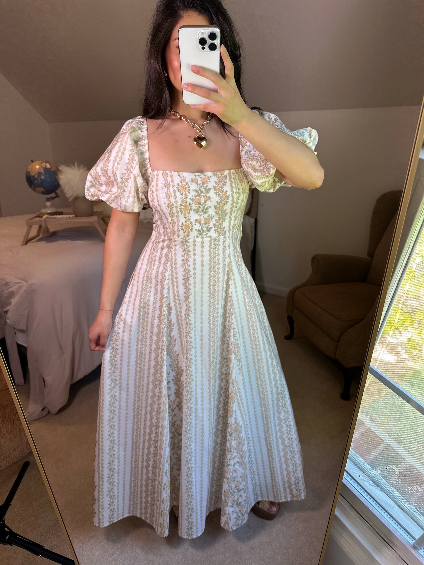 Peach Florals Puff Sleeve Maxi Dress