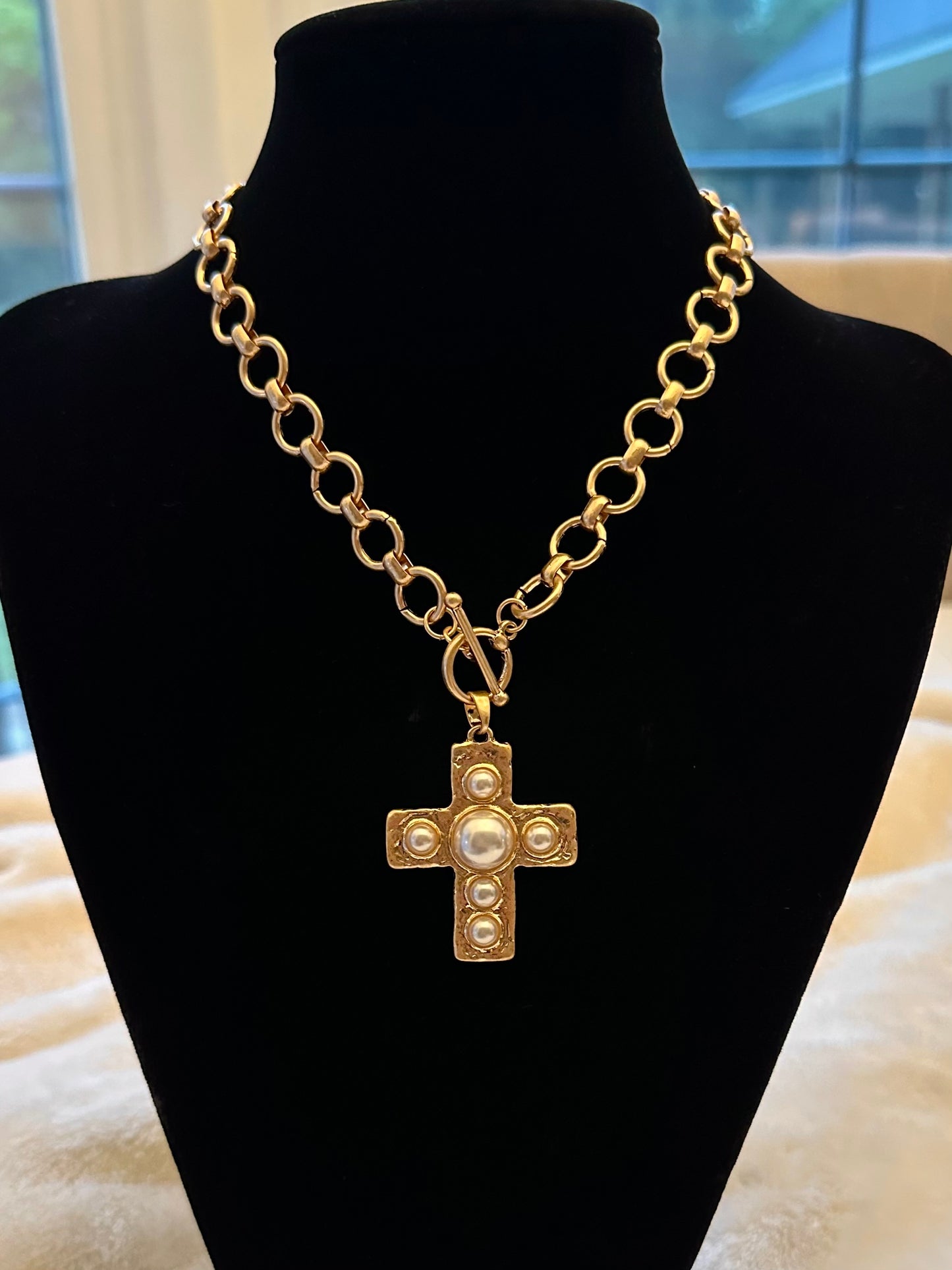 Pearl Beaded Cross Gold Necklace