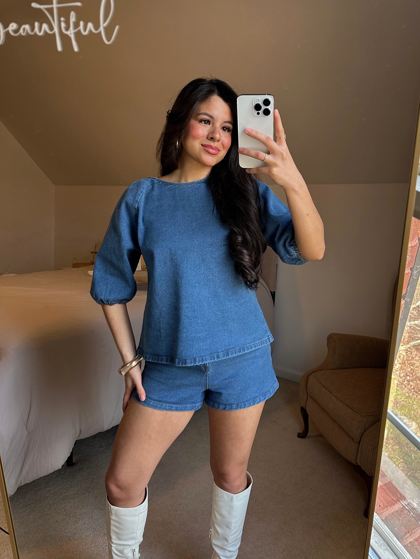 Denim Puff Sleeve Top & Shorts Set