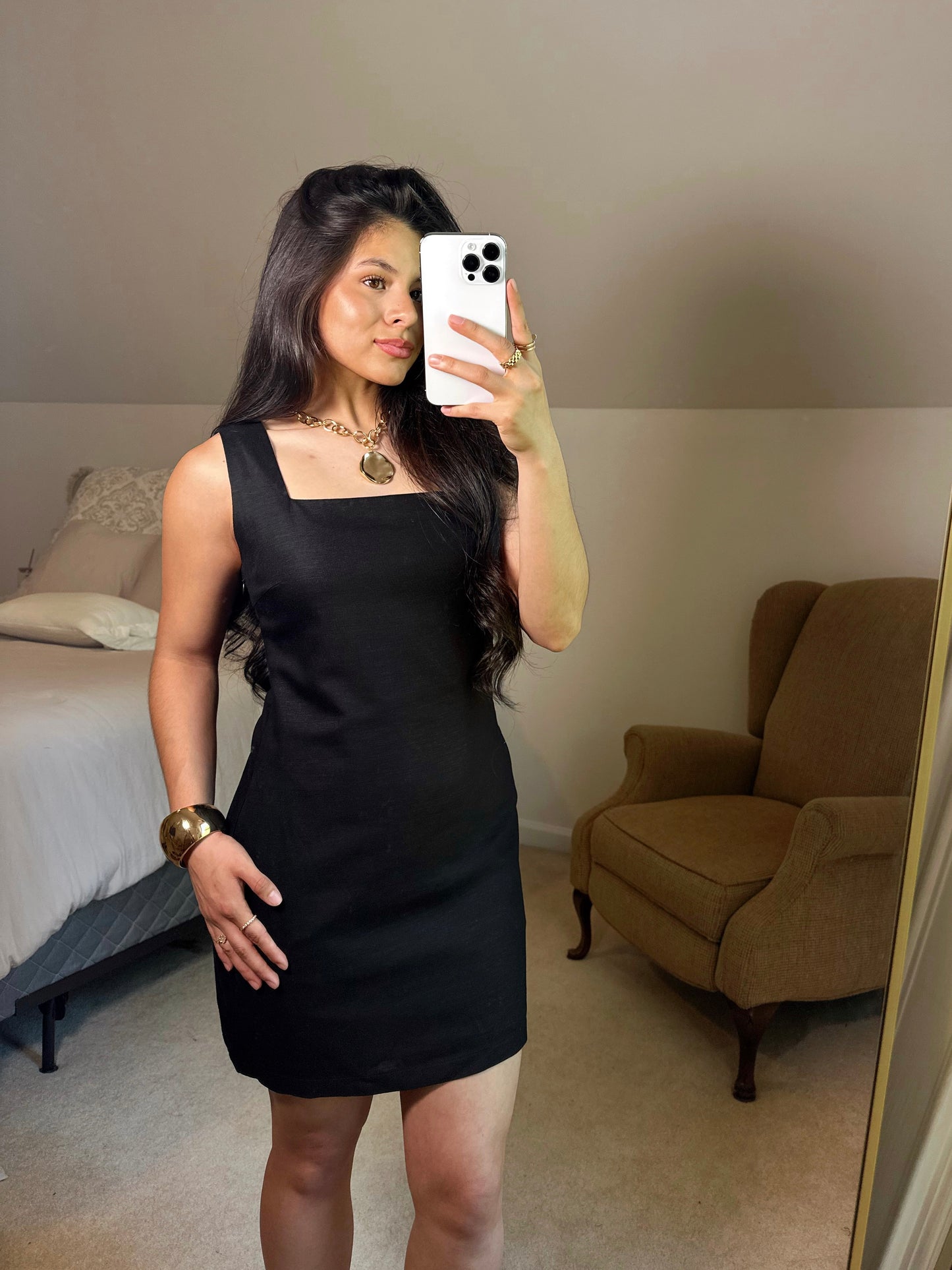 Black Linen Square Neck Dress