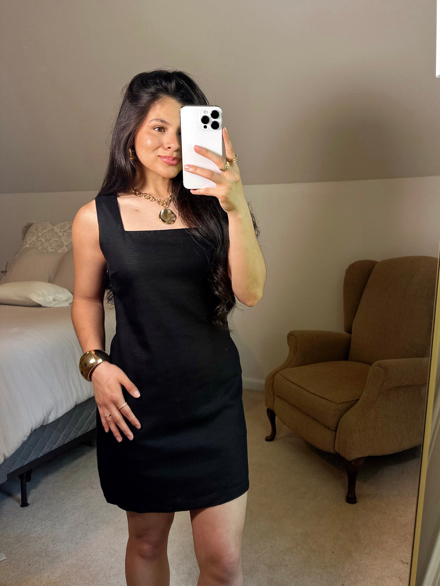 Black Linen Square Neck Dress