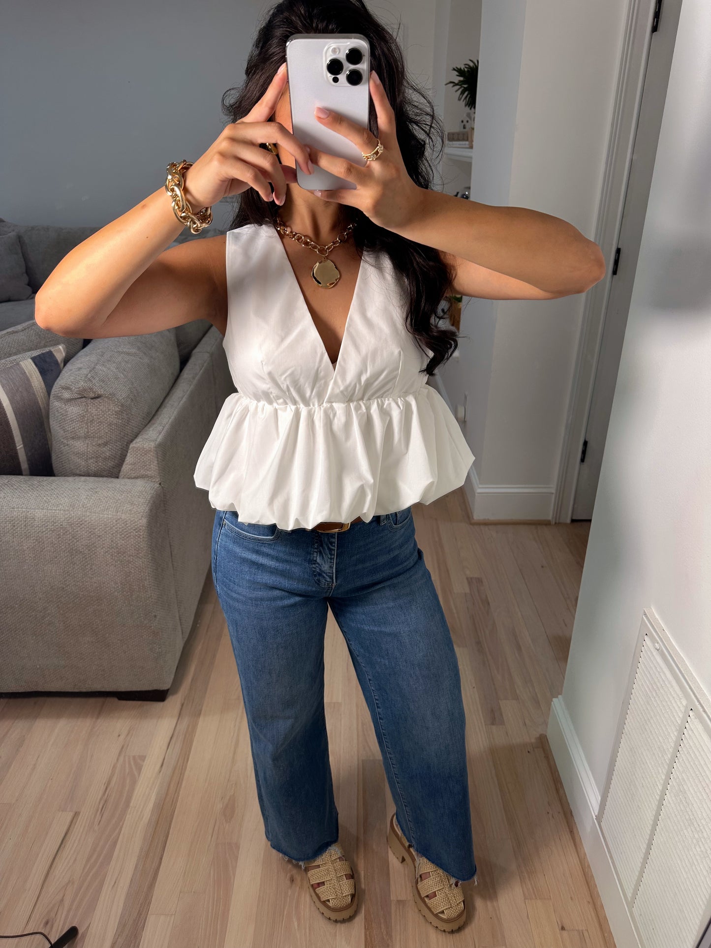White Bubble Peplum Top