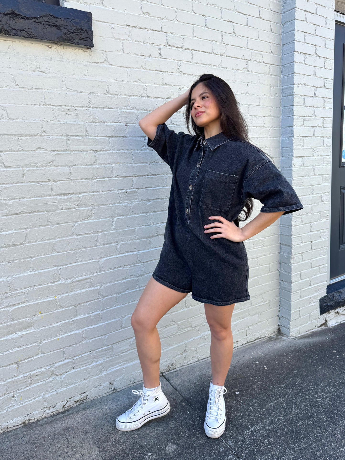 Classic Washed Black Denim Romper