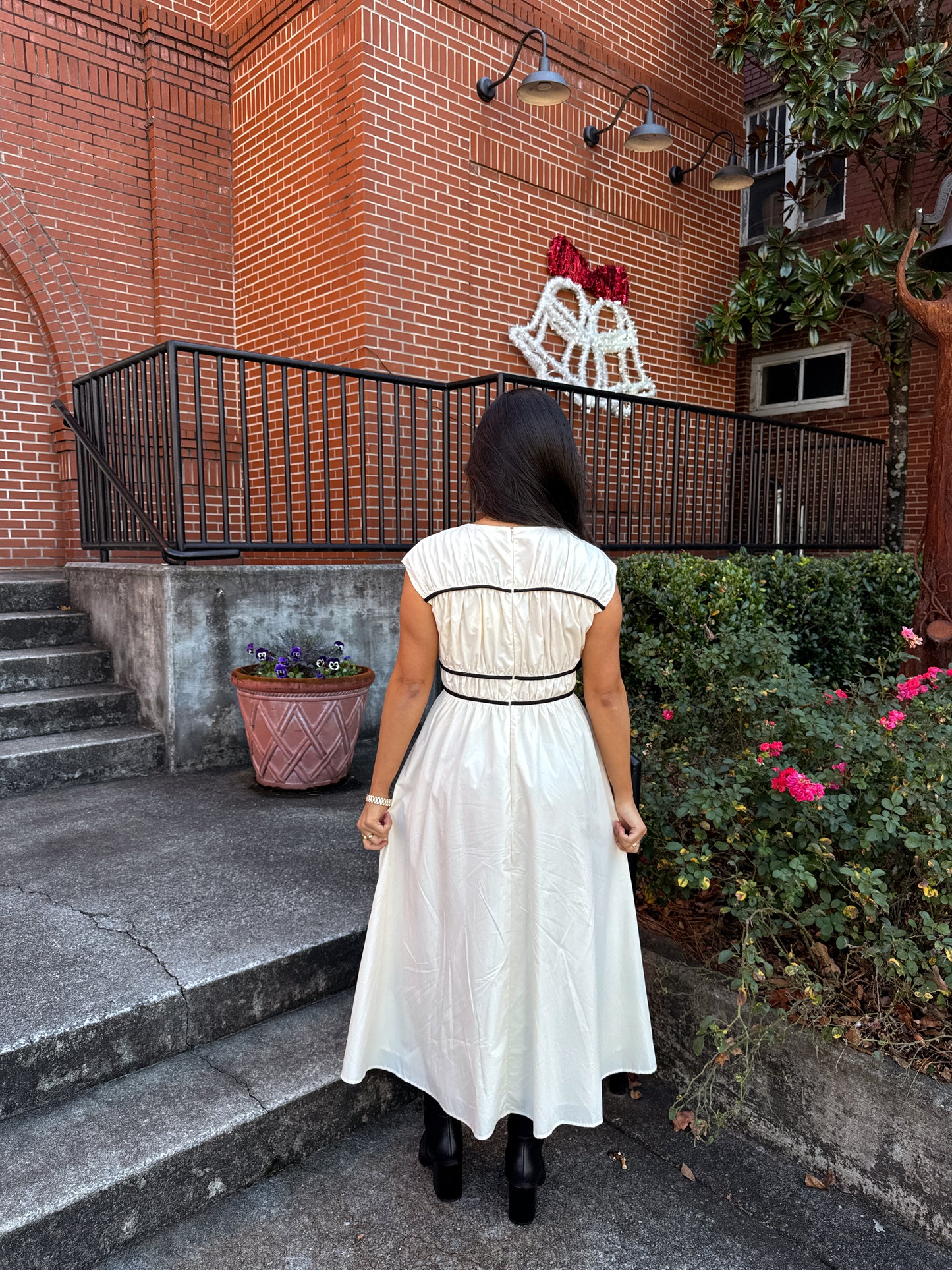 Cream Black Bows Midi Dress
