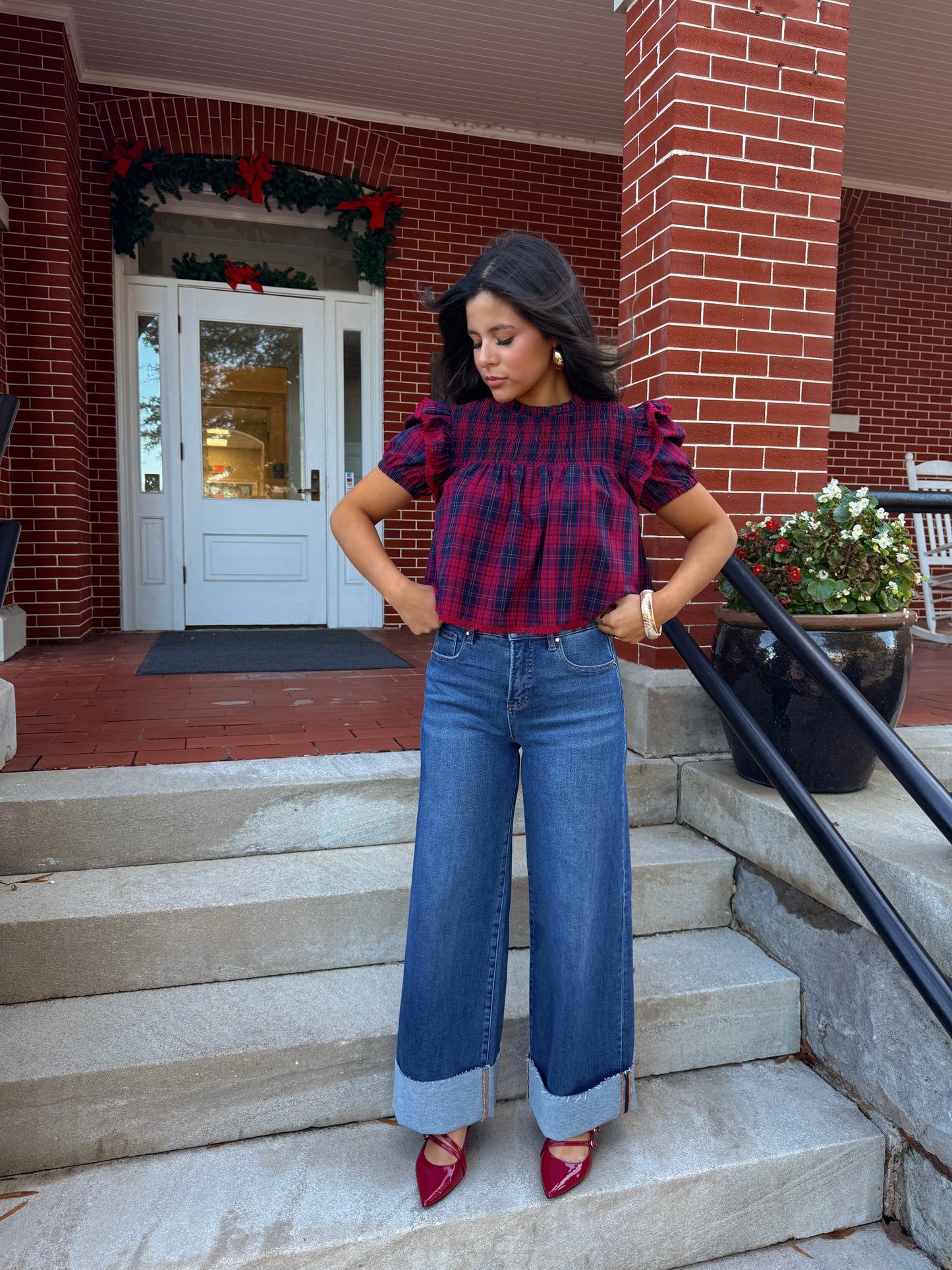 Dark Denim Wide Leg Cuffed Jeans