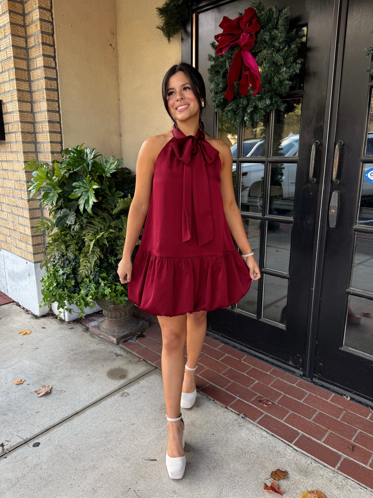 Wine Satin Halter Bow Dress
