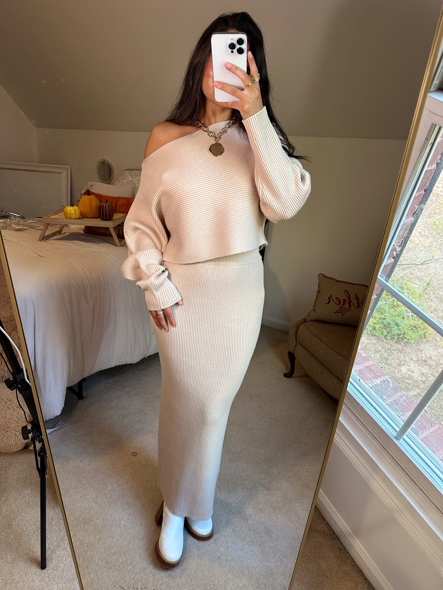 Light Taupe Sweater & Skirt Set