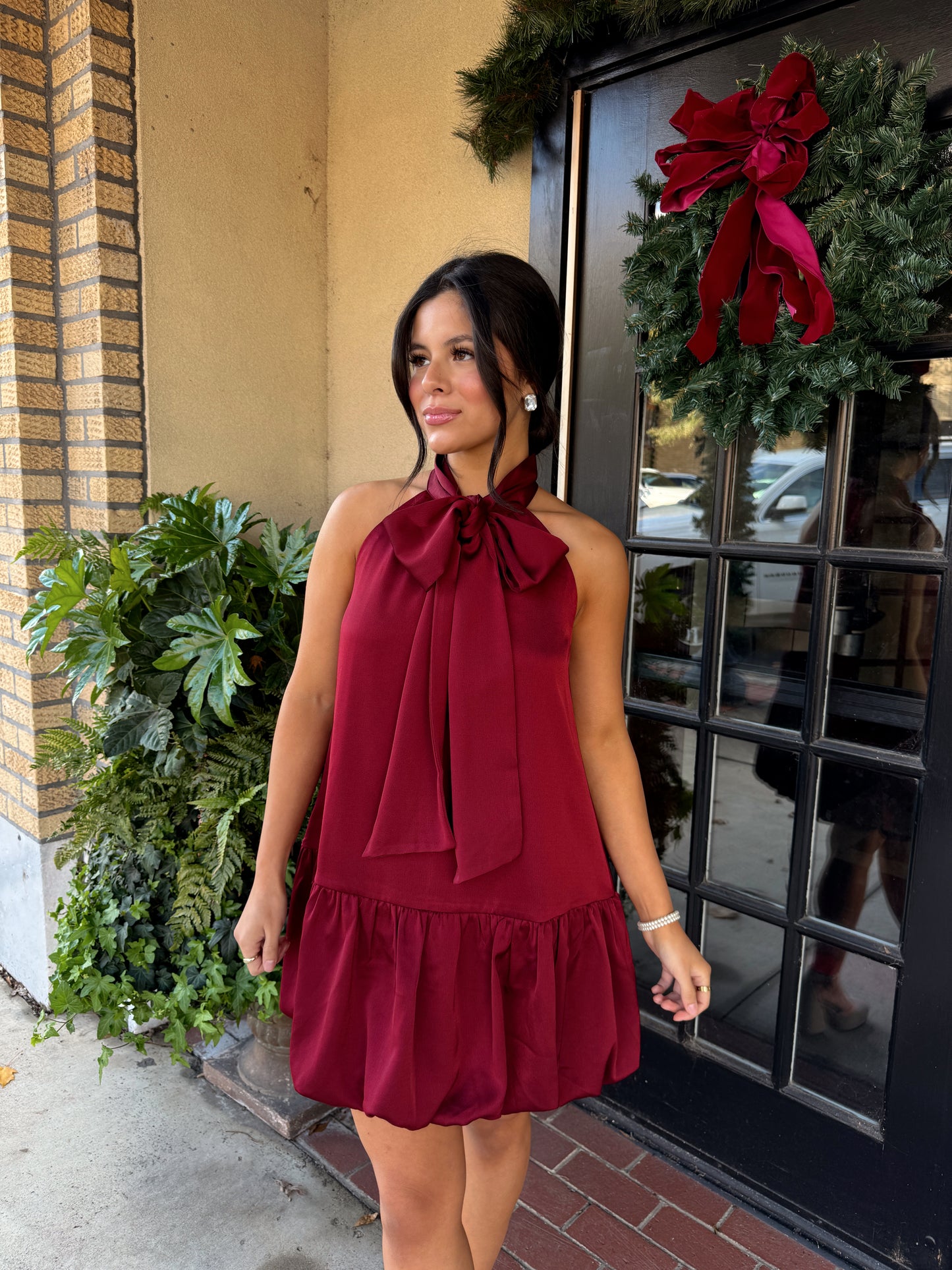 Wine Satin Halter Bow Dress