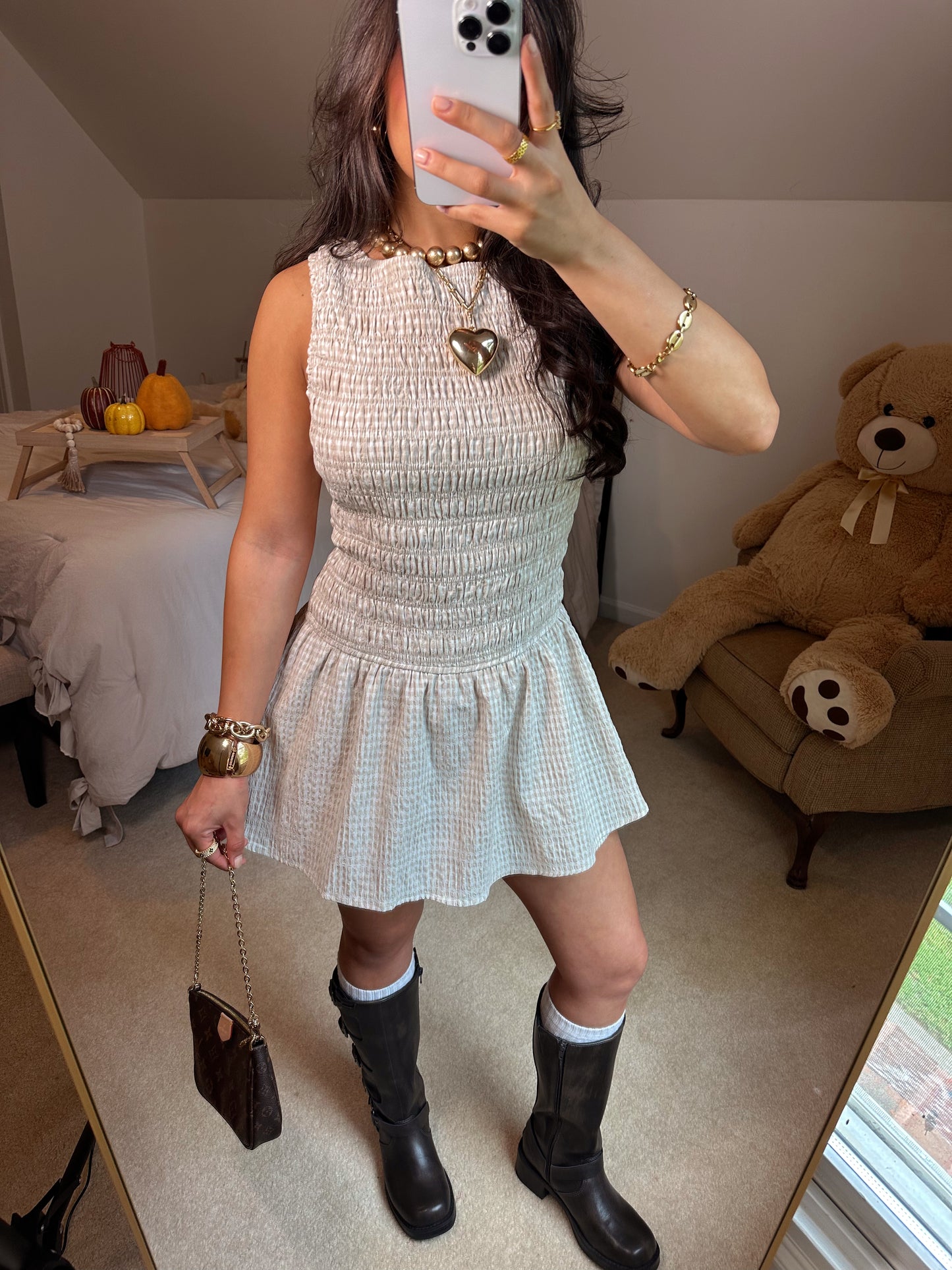 Taupe & White Gingham Romper