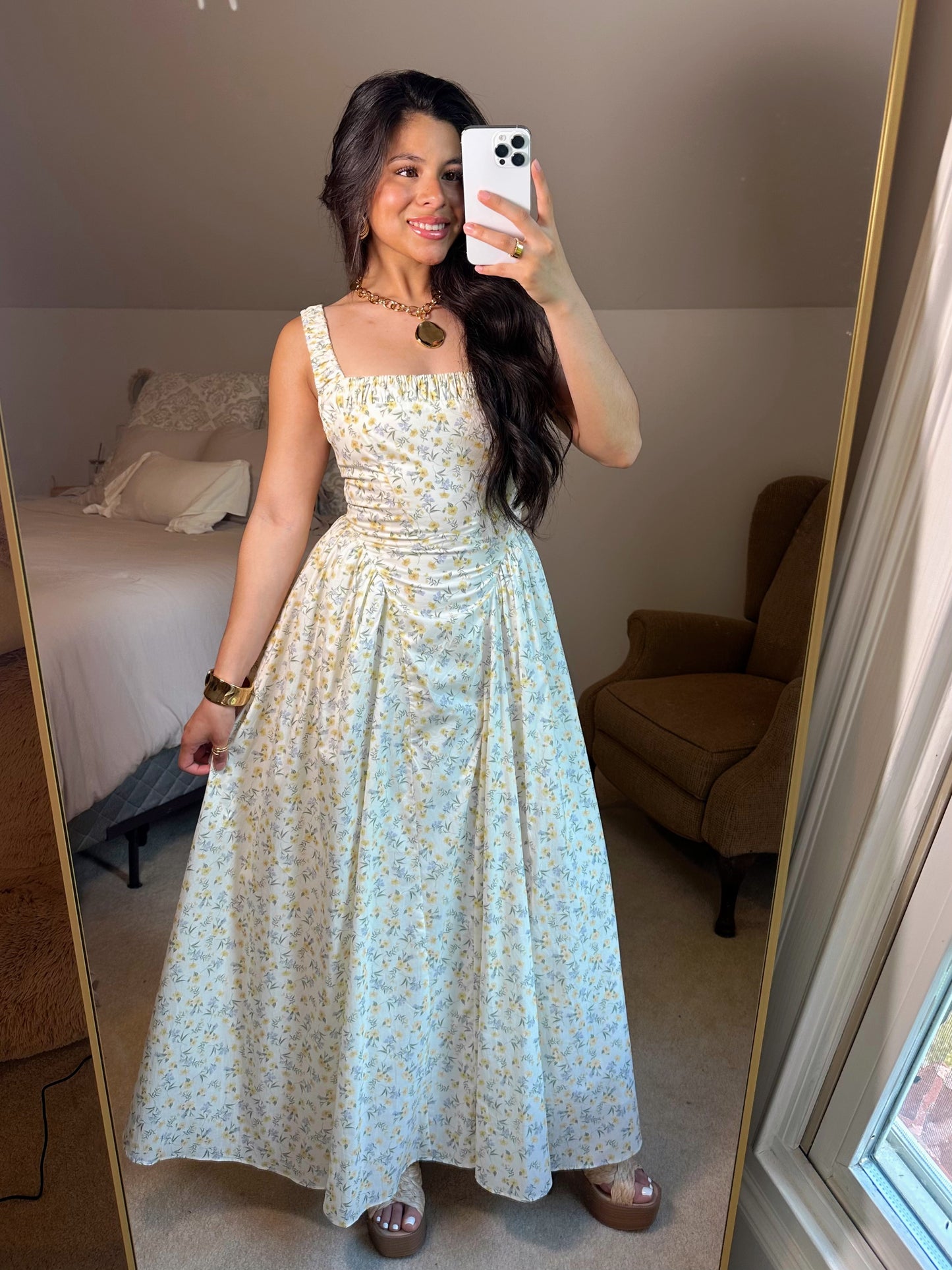 Yellow Ditsy Floral Midi Dress