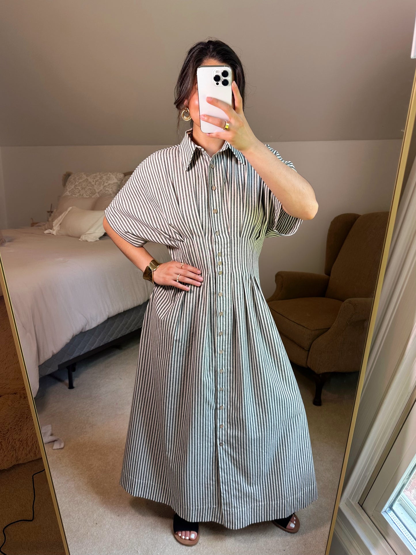 Black & White Striped Pleated Maxi Button Up Dress