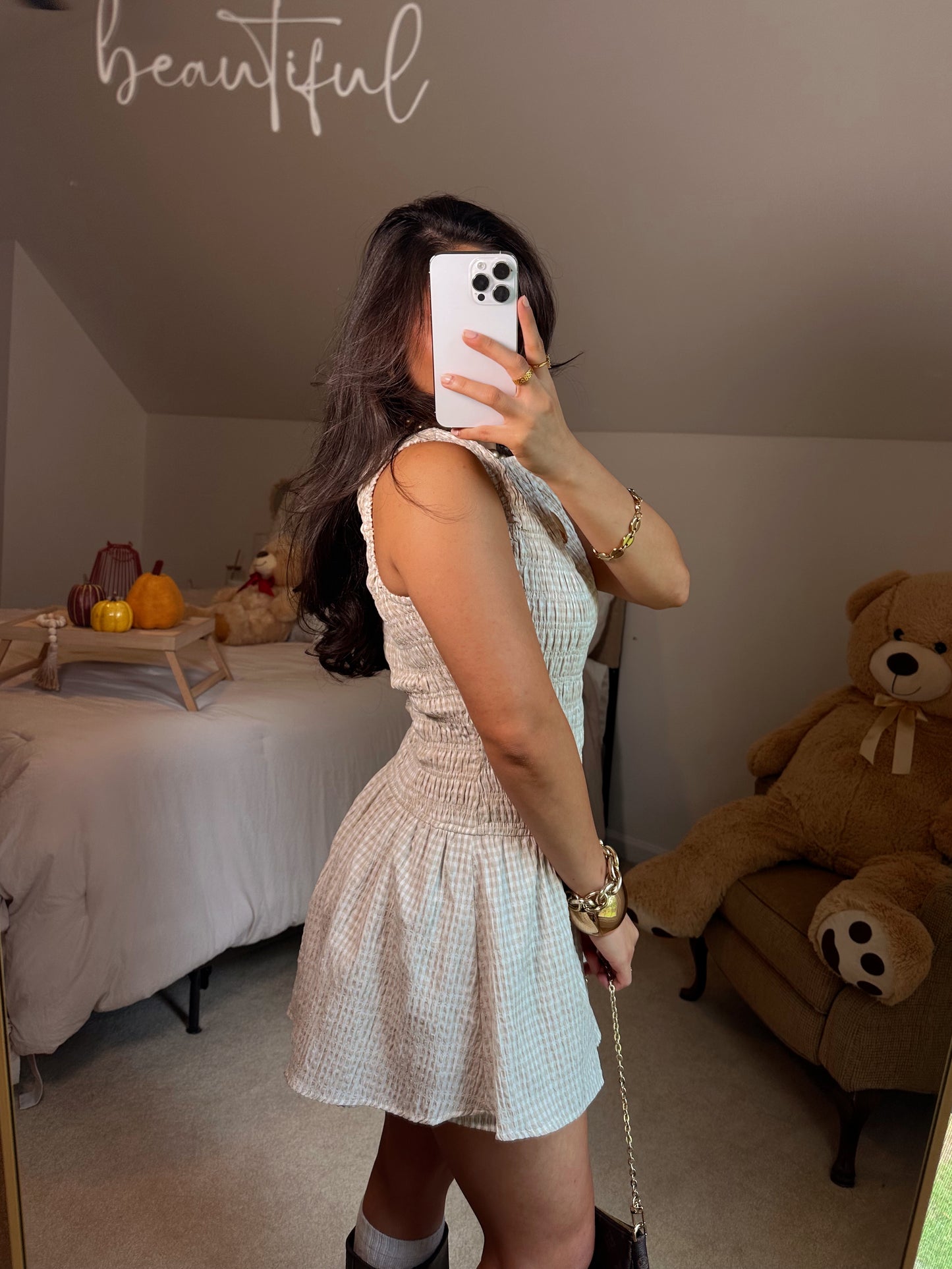 Taupe & White Gingham Romper