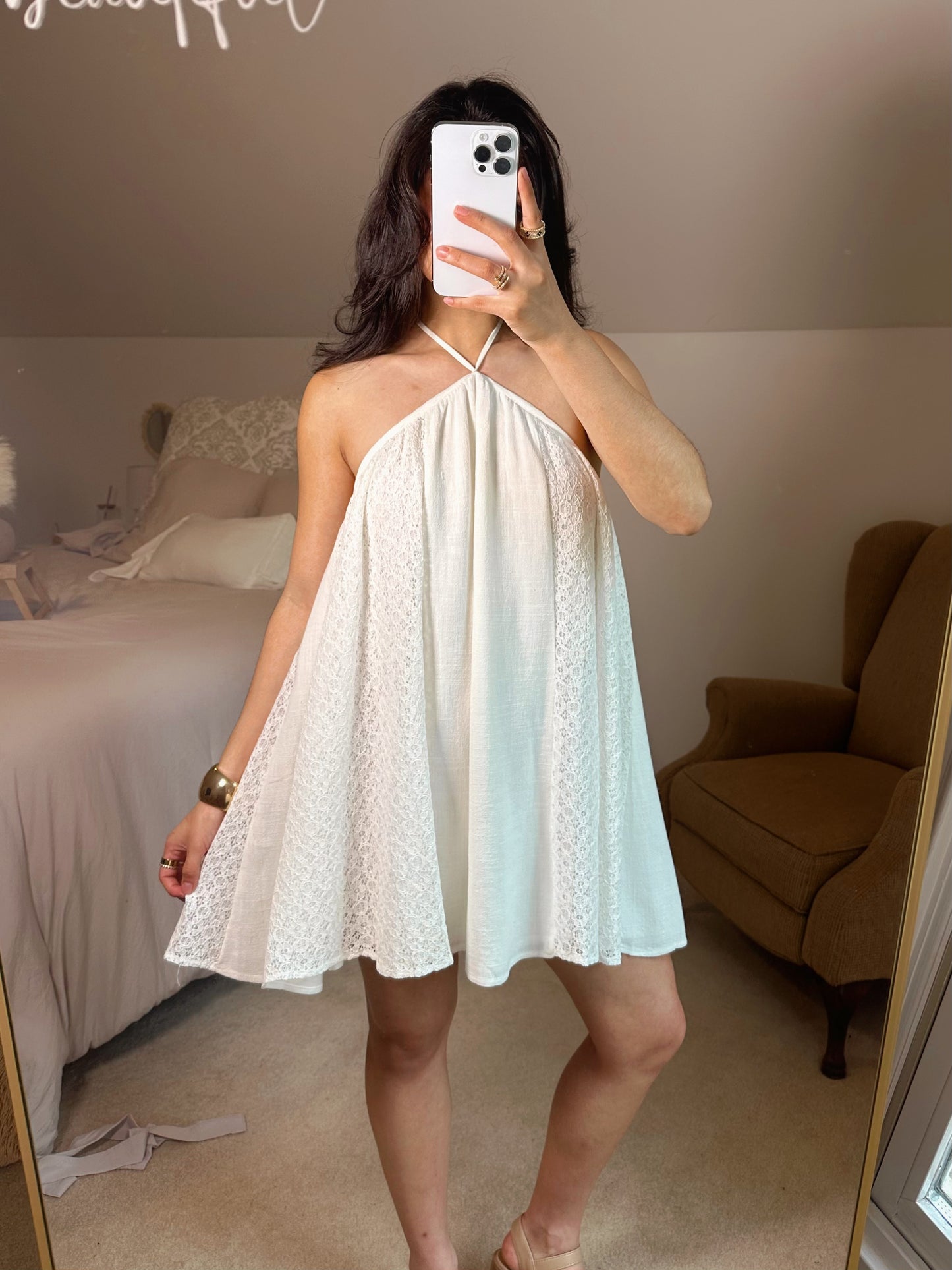Lace Detail Open Back Halter Mini Dress