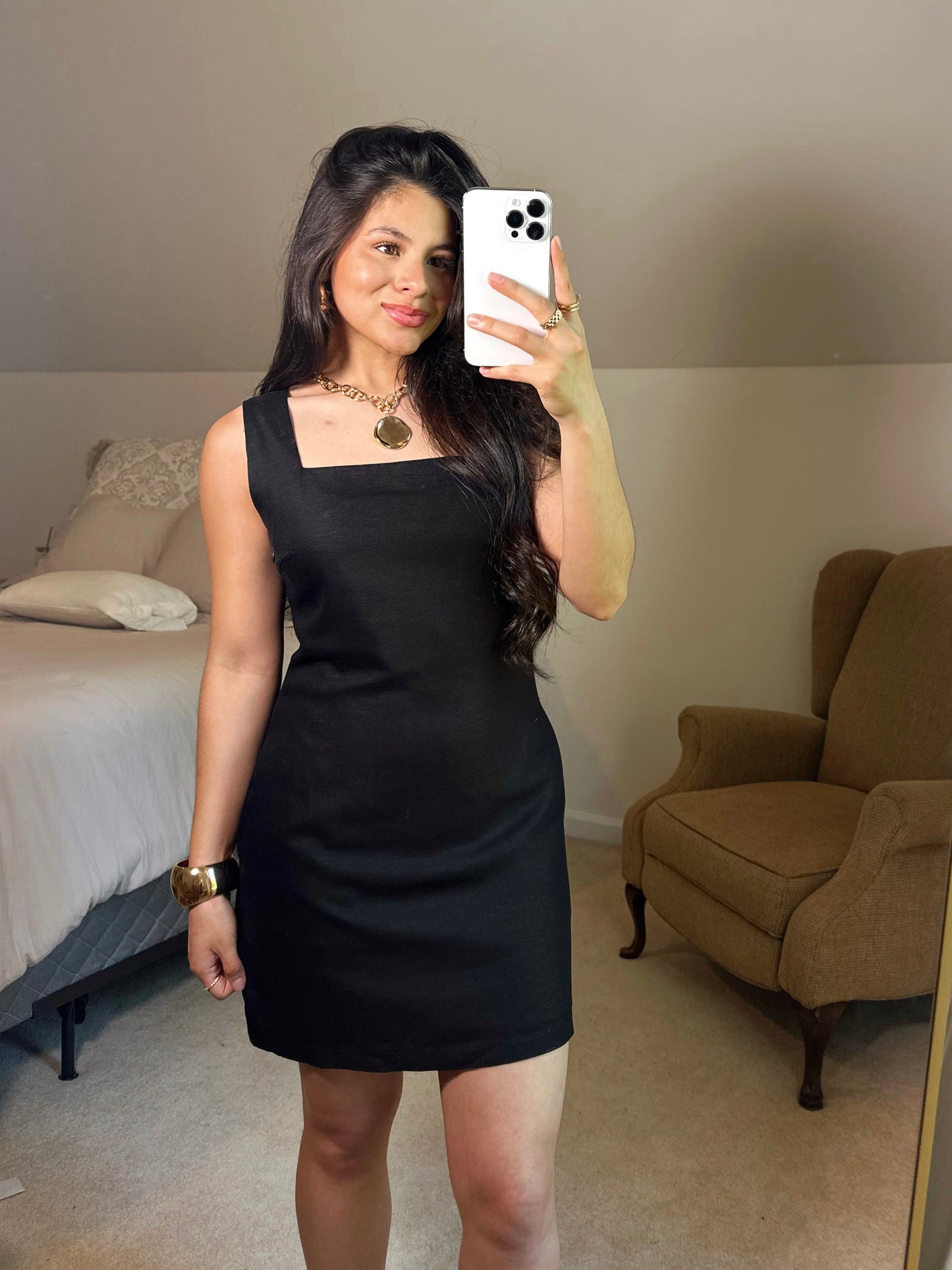Black Linen Square Neck Dress