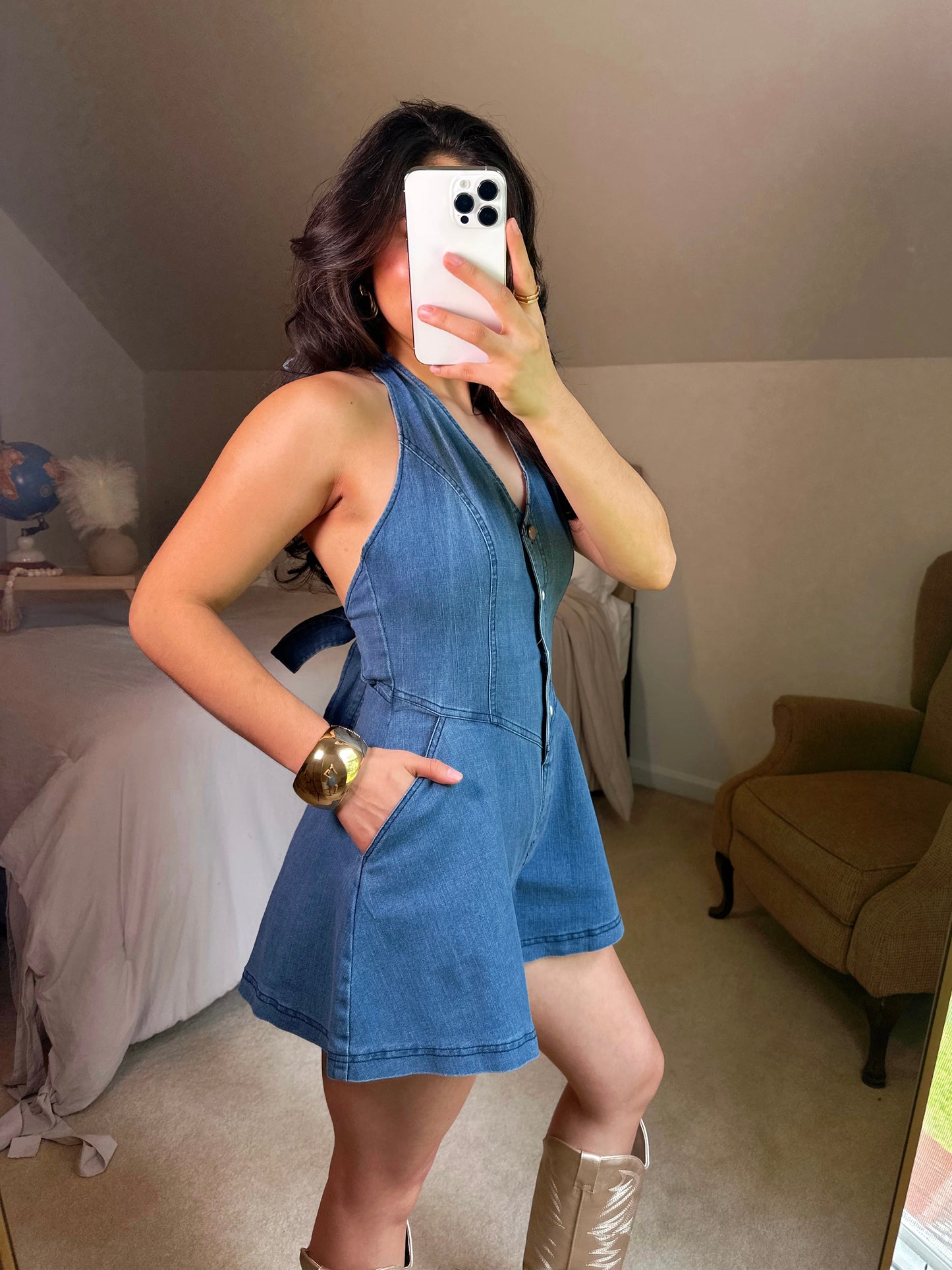 Girly Halter Open Back Denim Romper