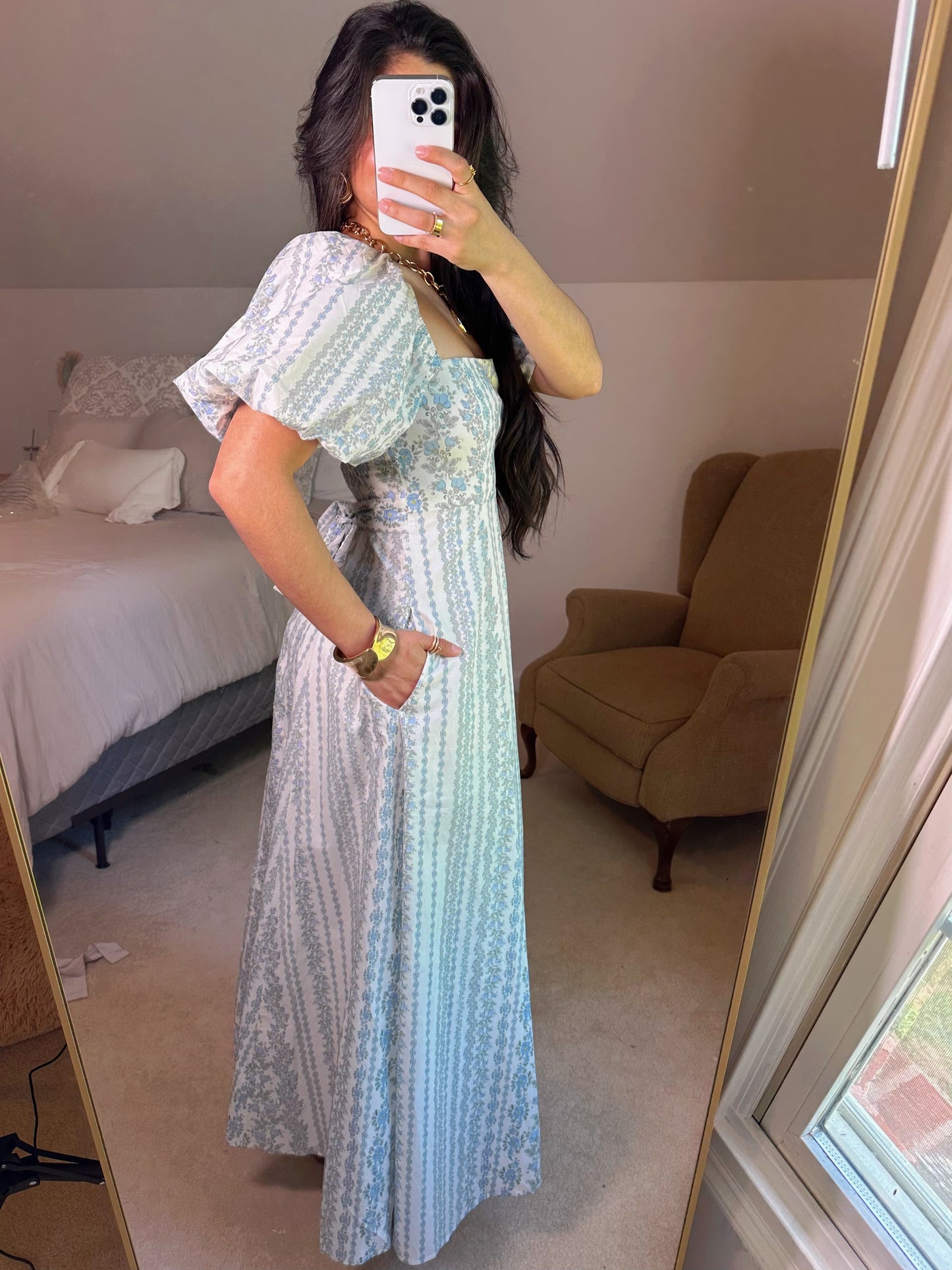 Blue Florals Puff Sleeve Maxi Dress
