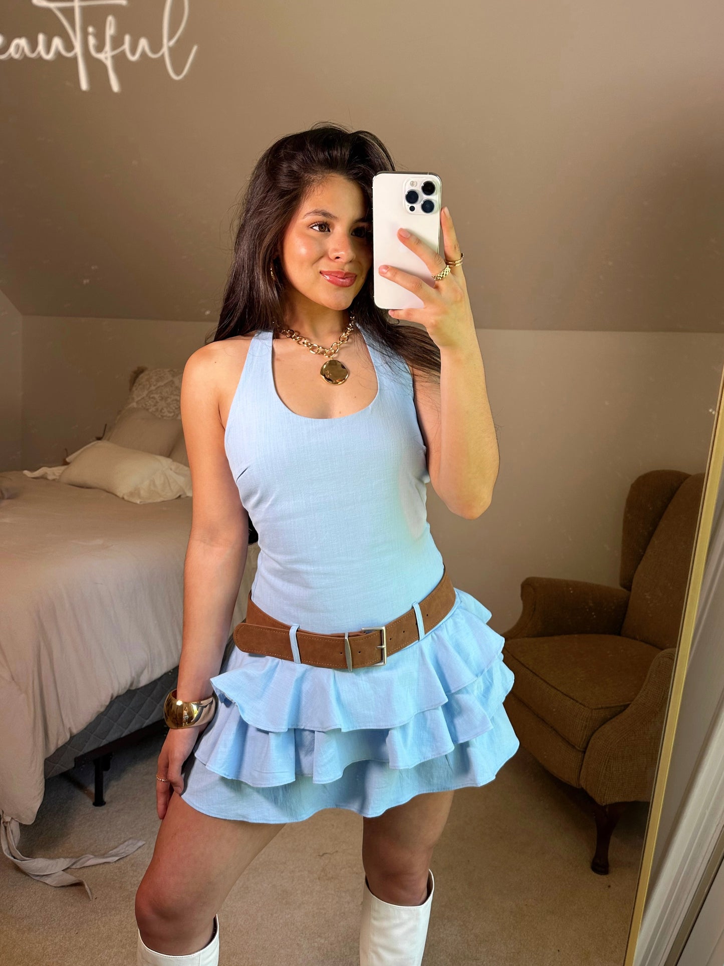 Baby Blue Ruffle Belted Halter Romper