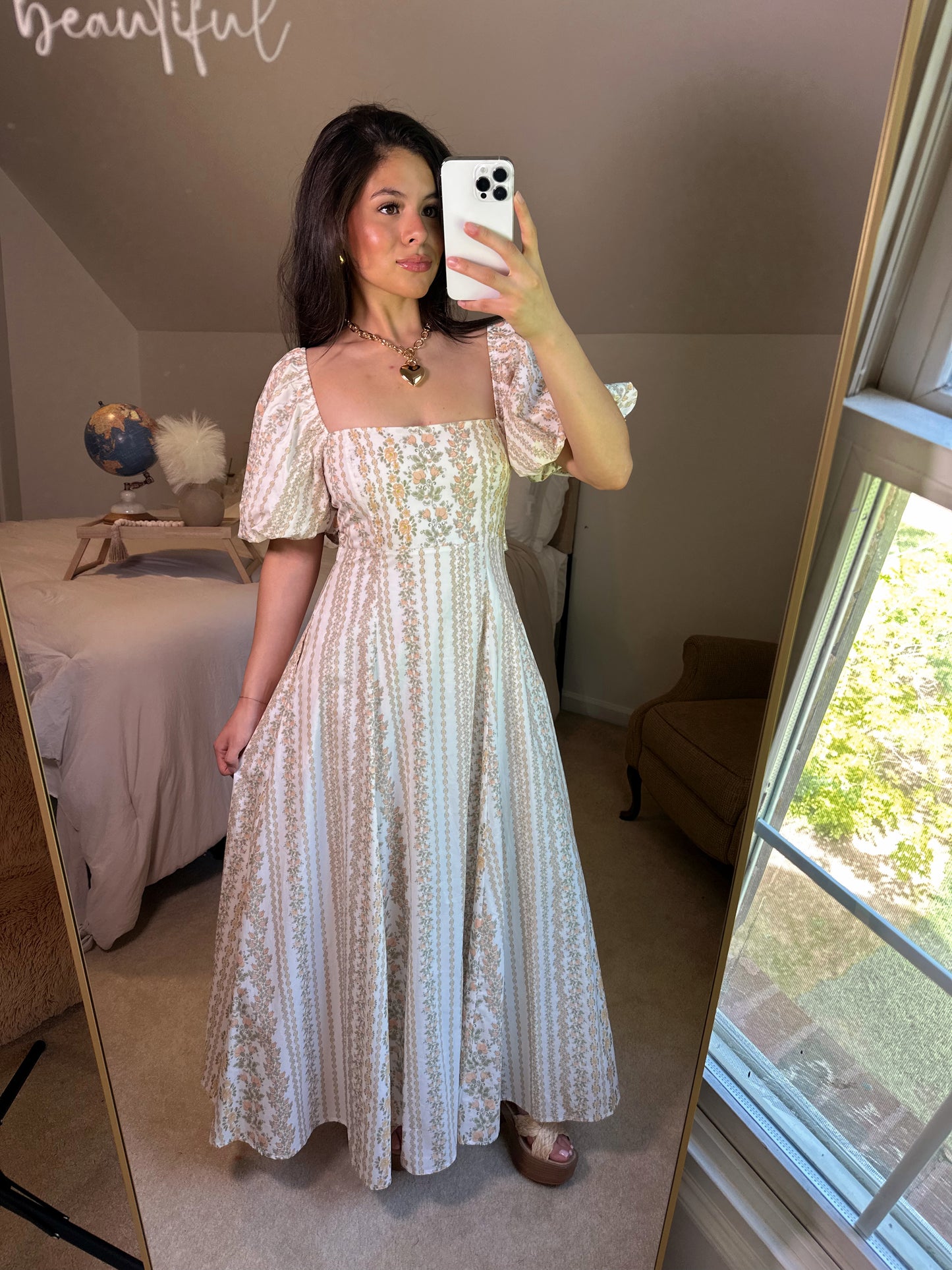 Peach Florals Puff Sleeve Maxi Dress