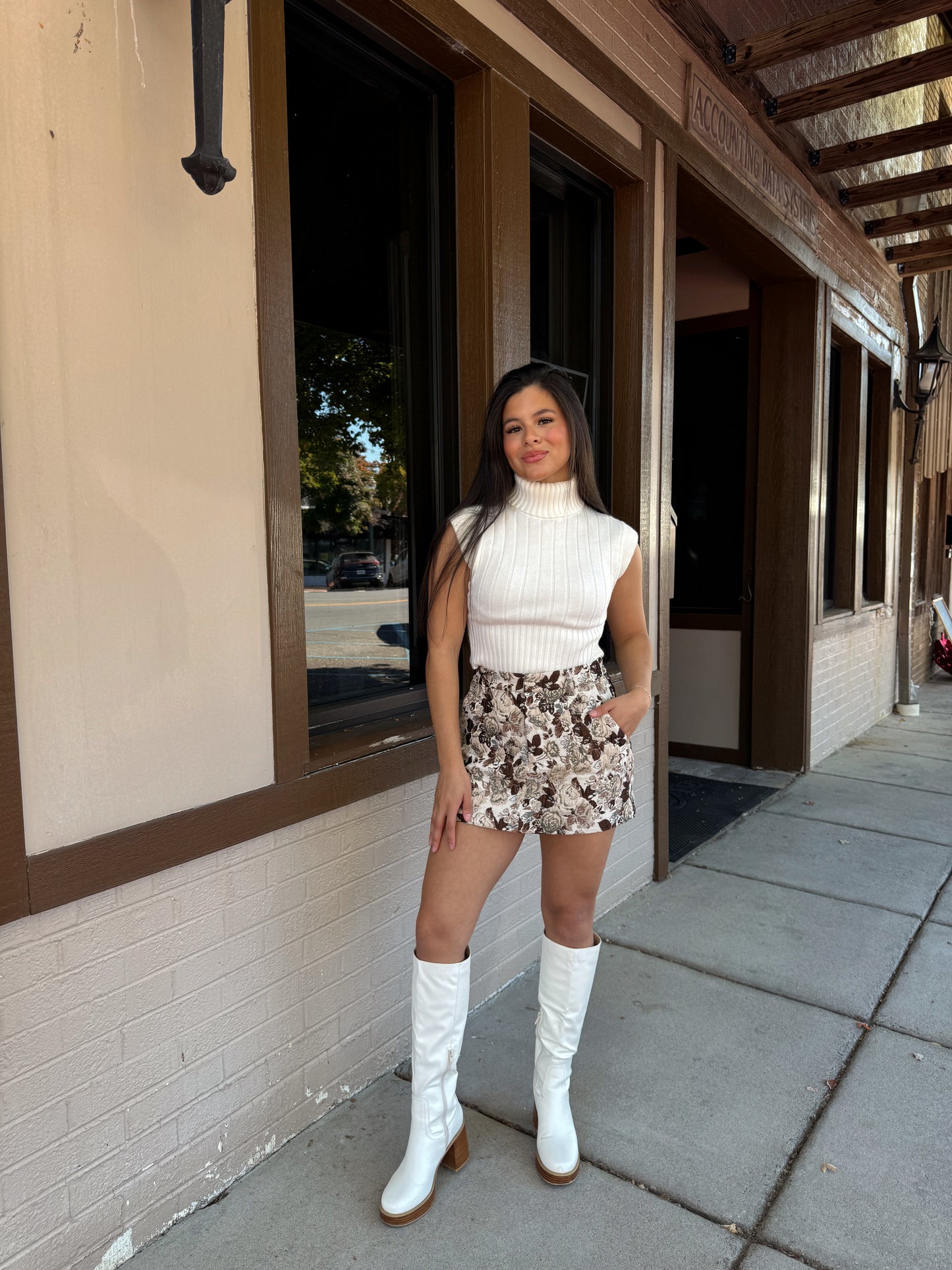 Brown Floral Jacquard Skort