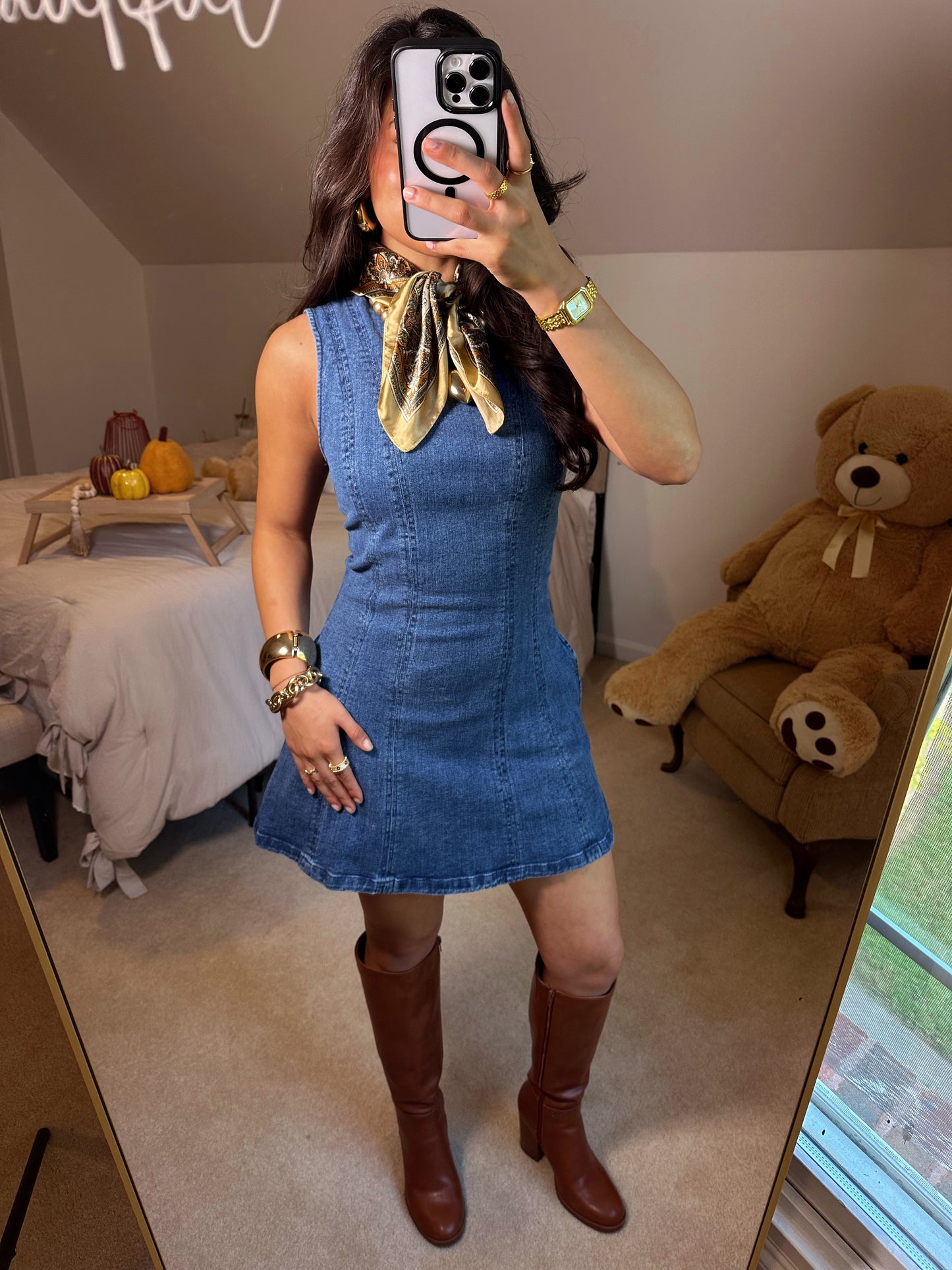 Denim Fit & Flare Stretch Mini Dress