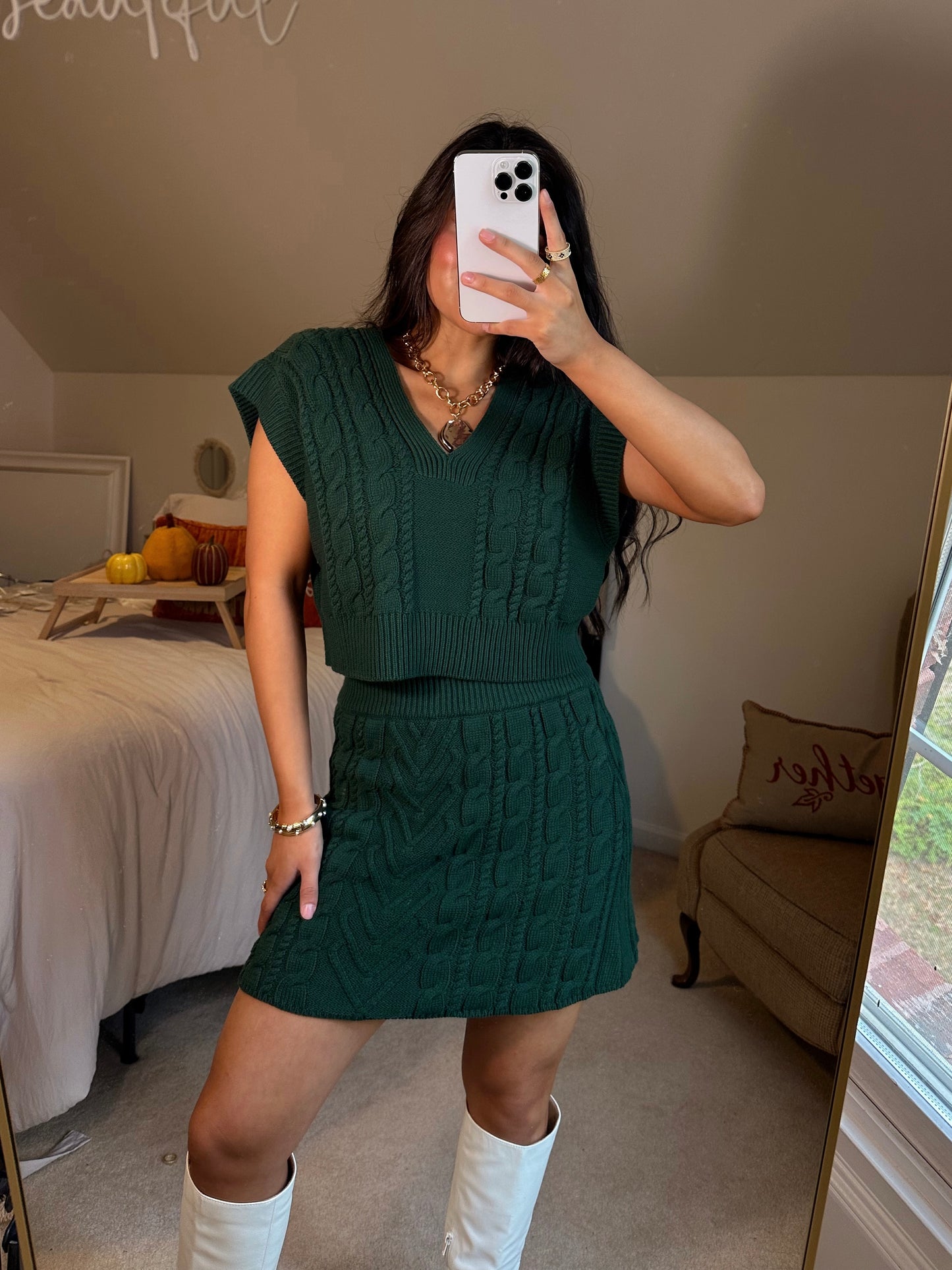 Dark Green Cable Knit Vest & Skirt Set