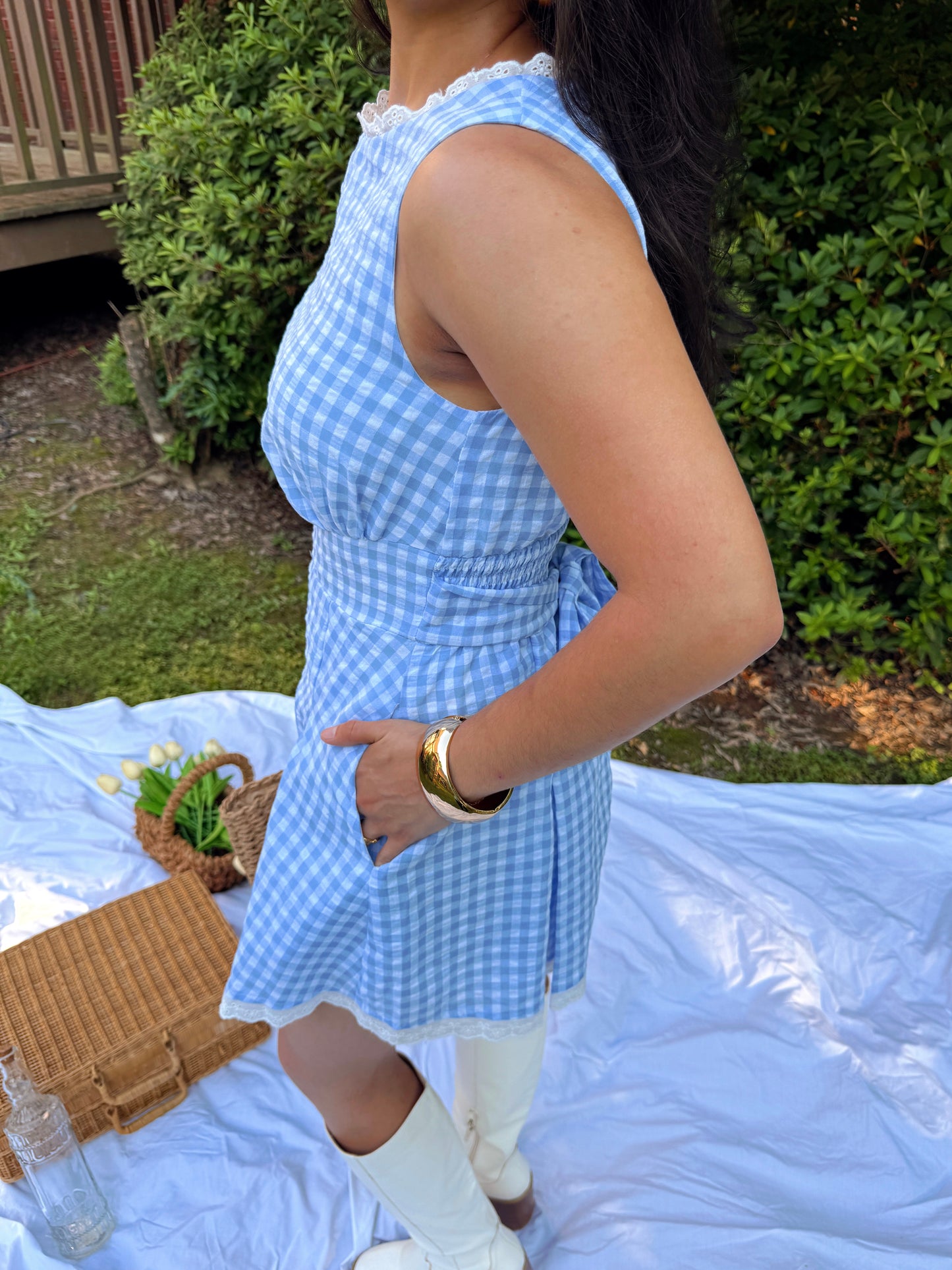 Baby Blue Gingham Lace Trim Romper
