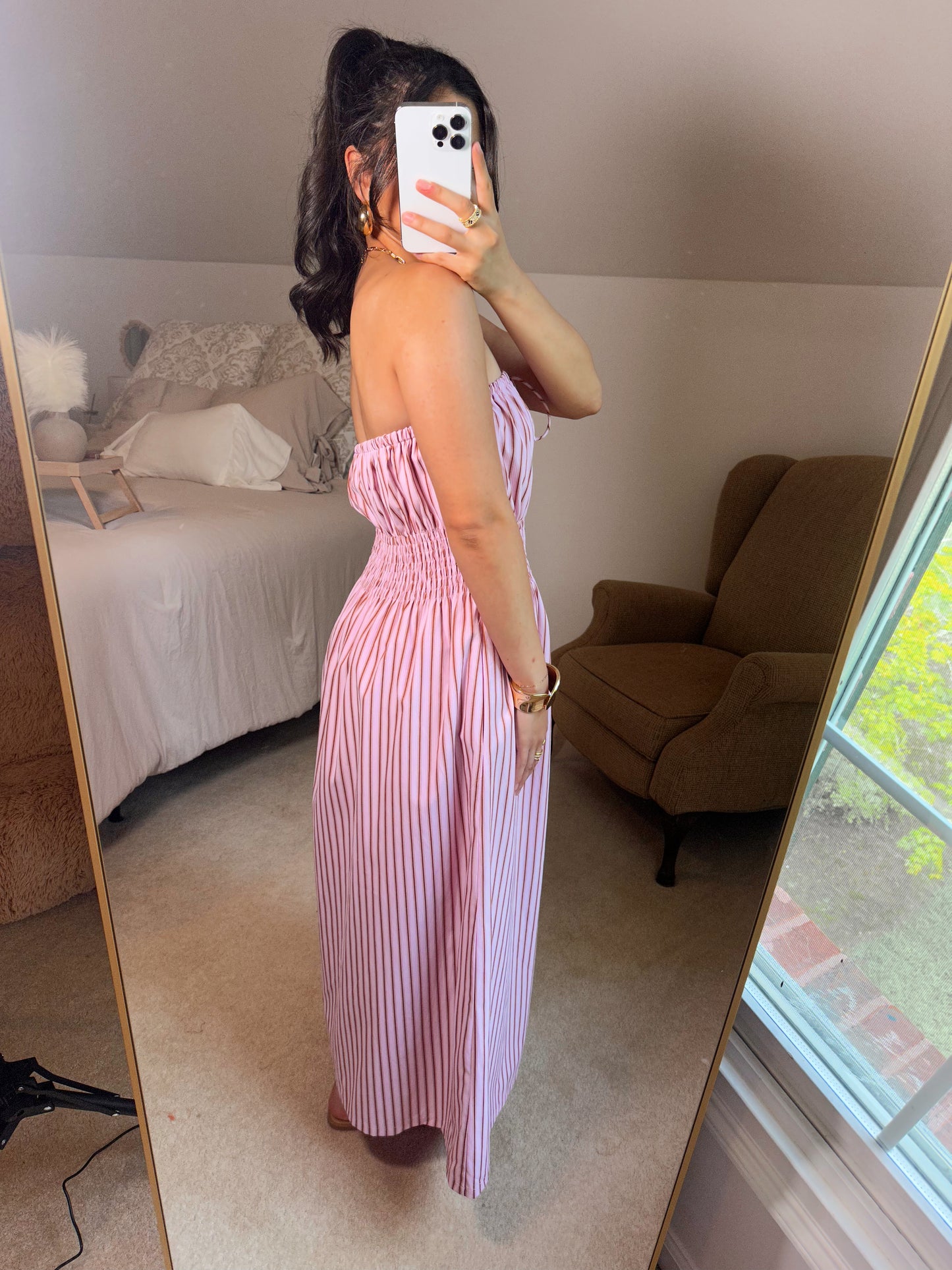 Pink Striped Tube Midi Dress