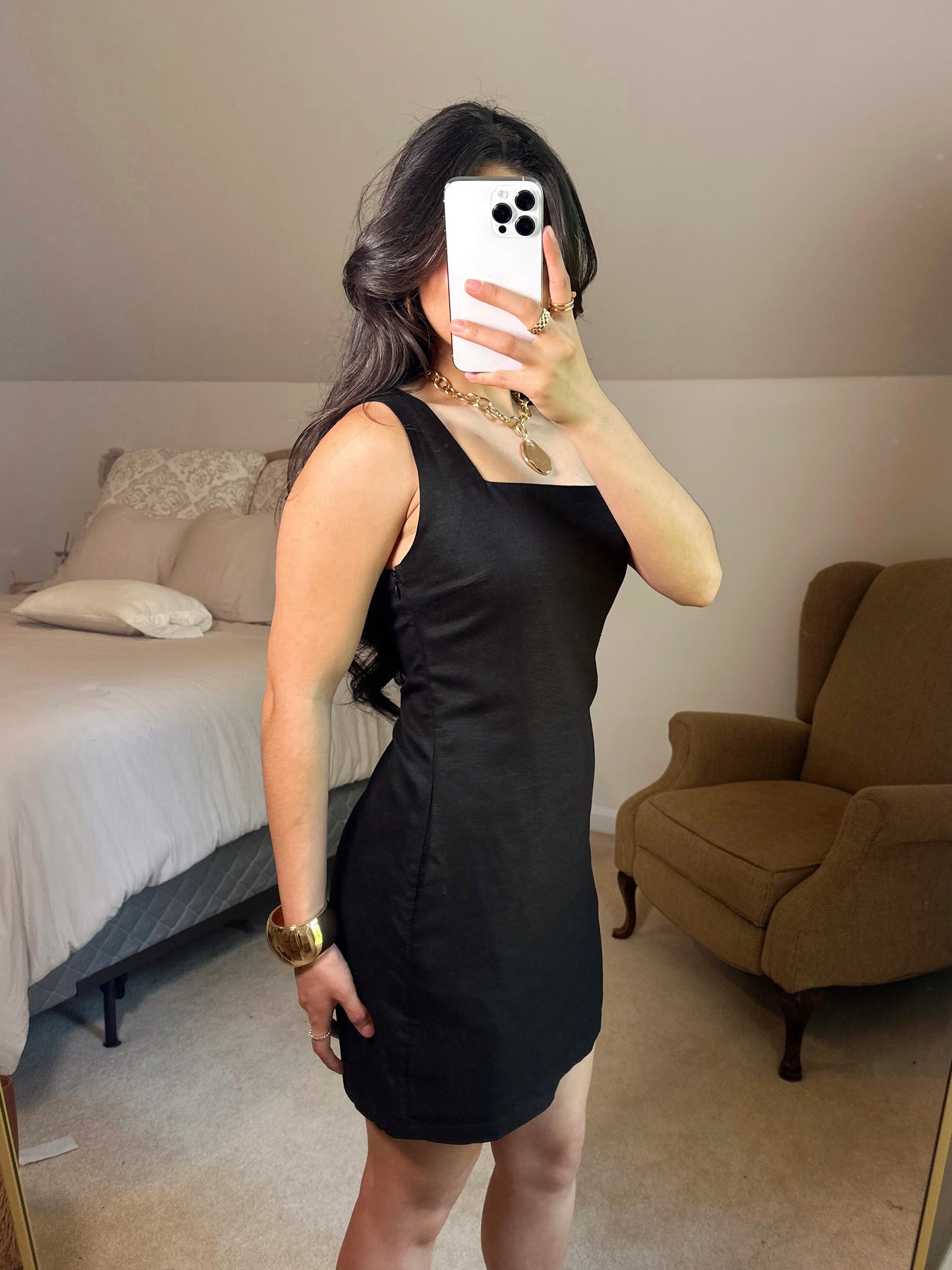 Black Linen Square Neck Dress