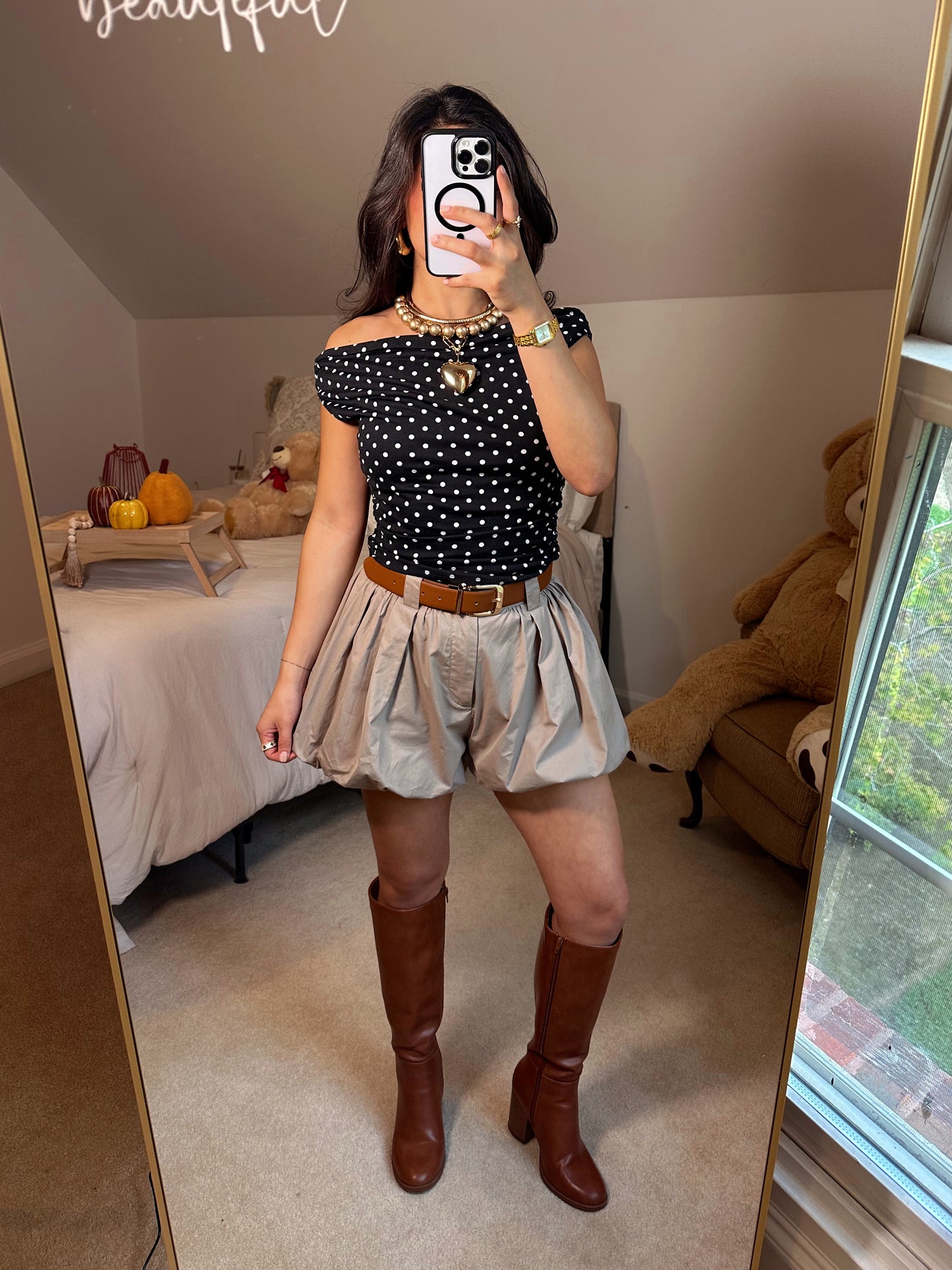 Black White Polka Dot Off-Shoulder Top