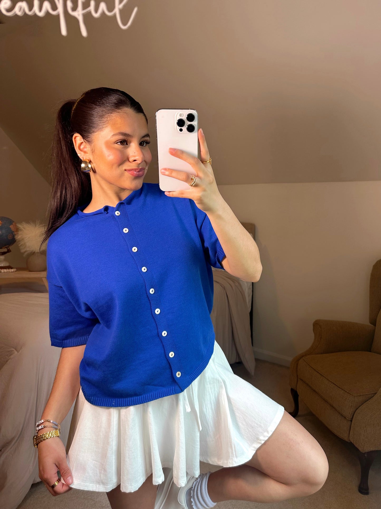 Blue Knit Short Sleeve Cardigan