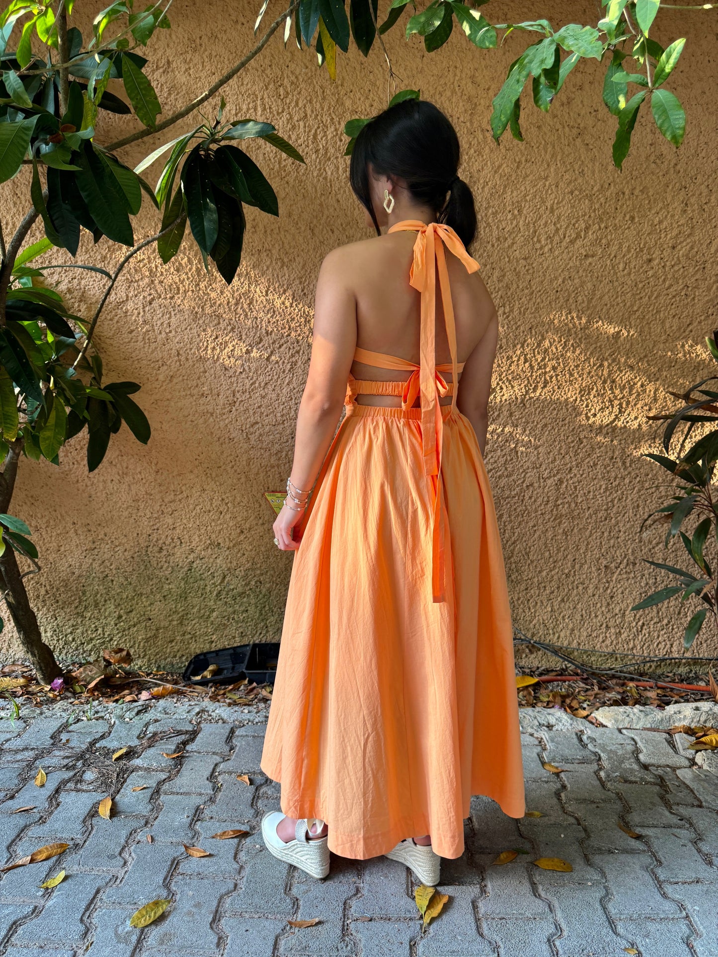Orange Halter Open-Back Maxi Dress